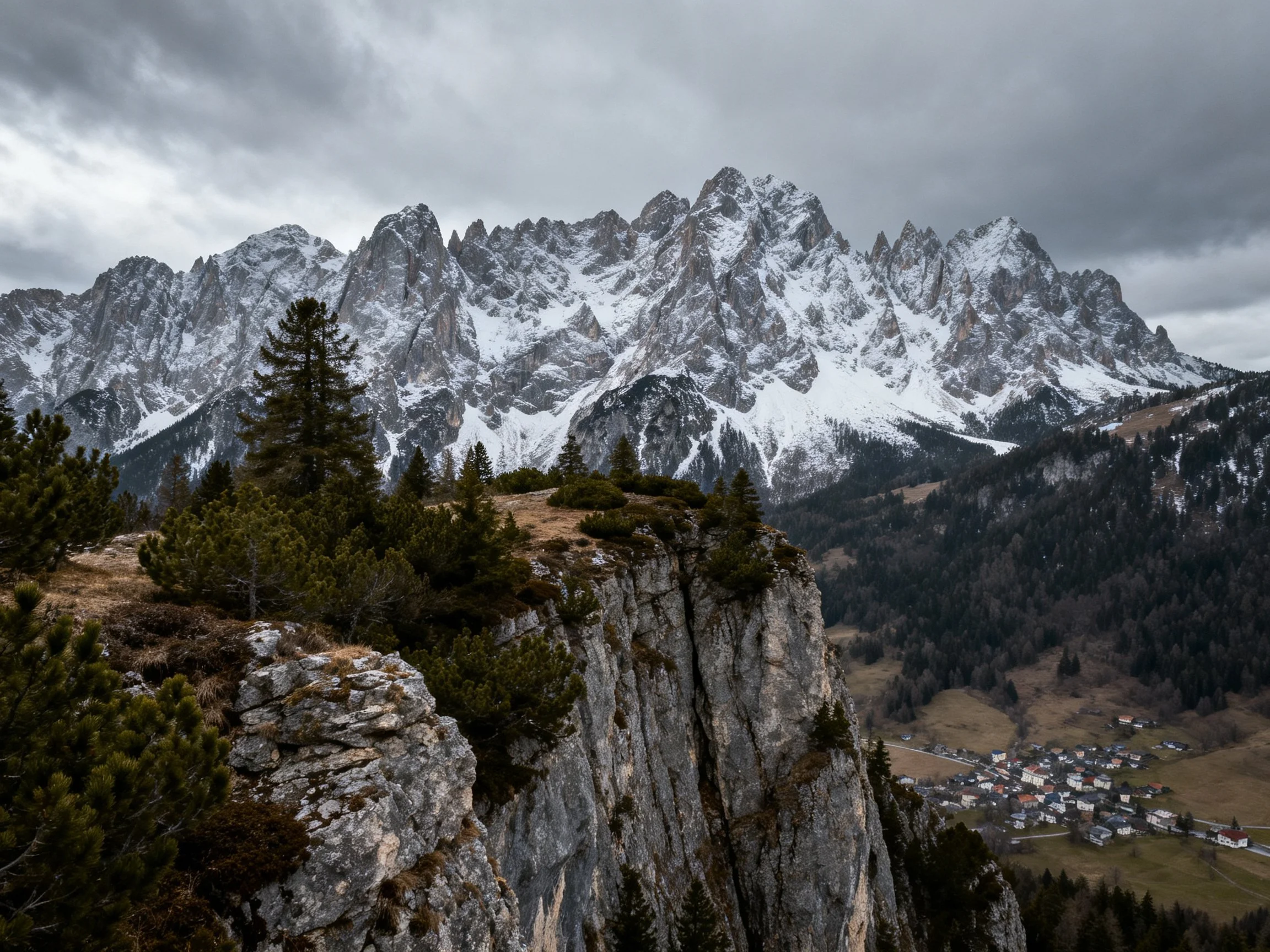 Snow-capped jagged mountains overlook rocky cliffside forest