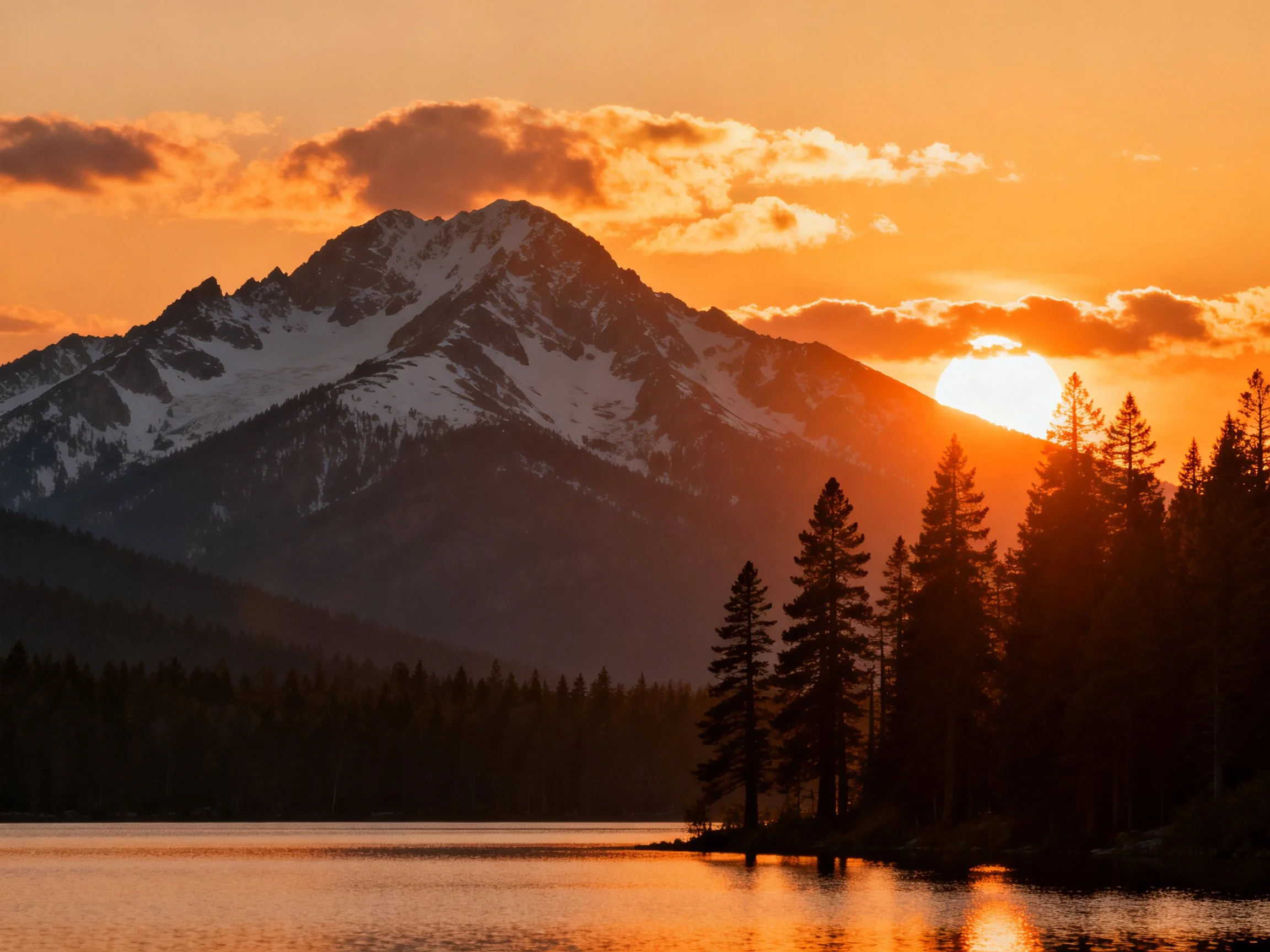 Snow-capped mountain at golden sunset with forest and lake