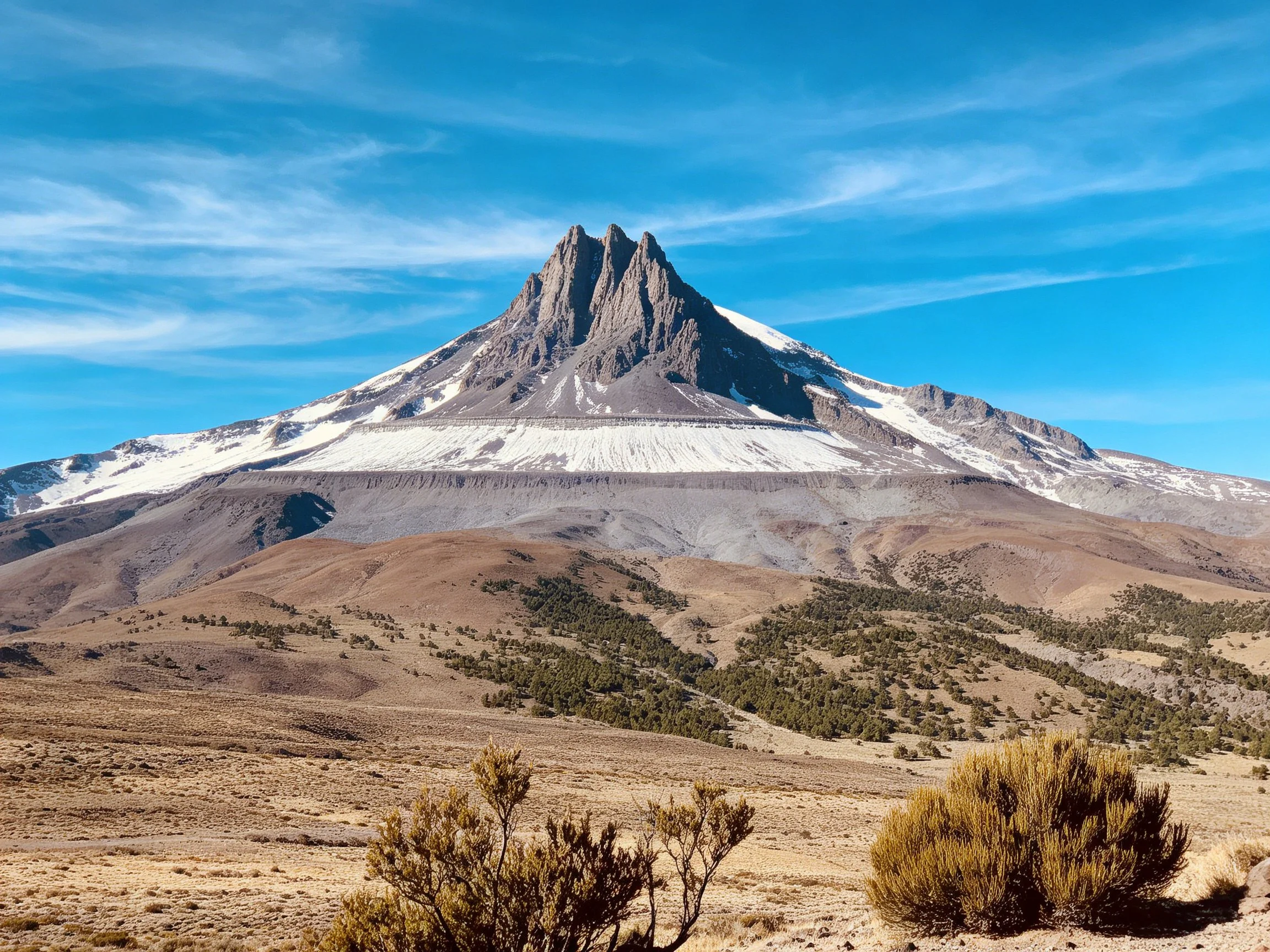 Snow-capped mountain dominates arid landscape with sparse vegetation
