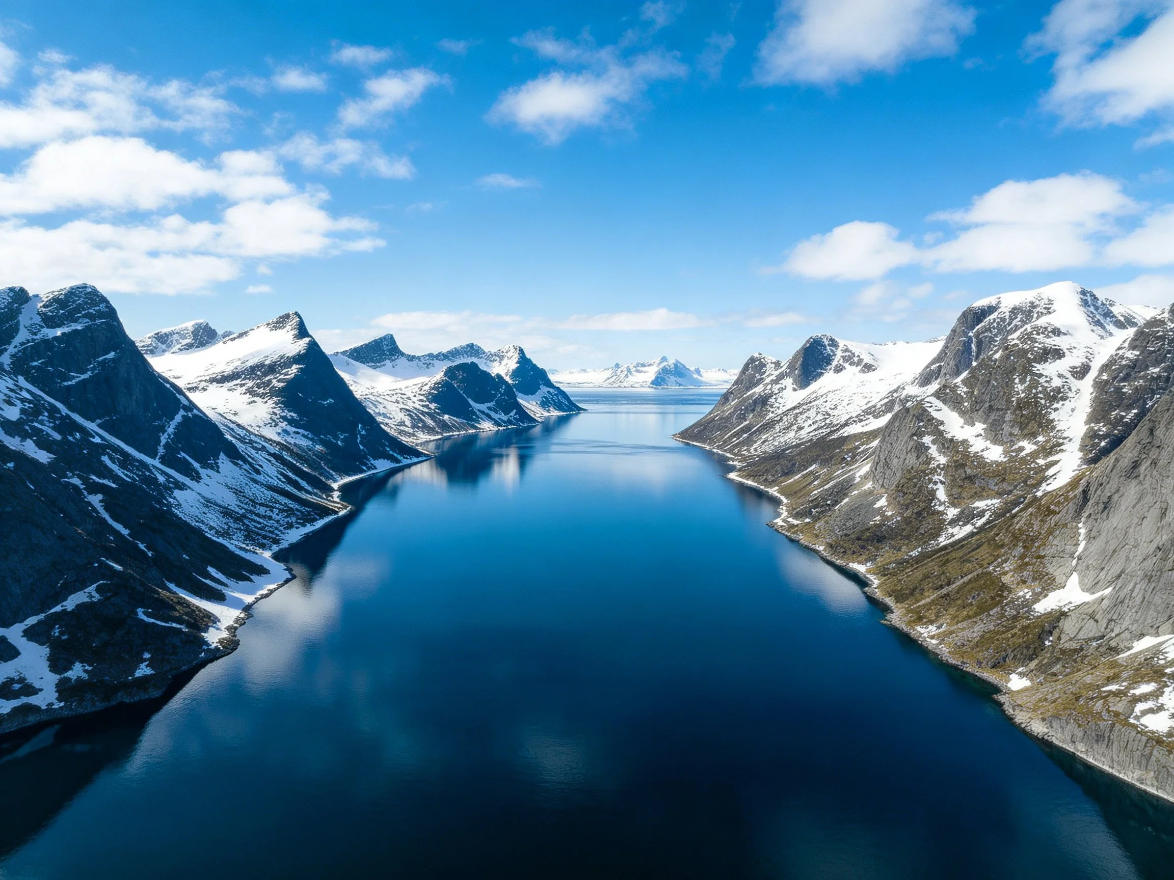 Snow-capped mountain fjord with mirror-like blue waters