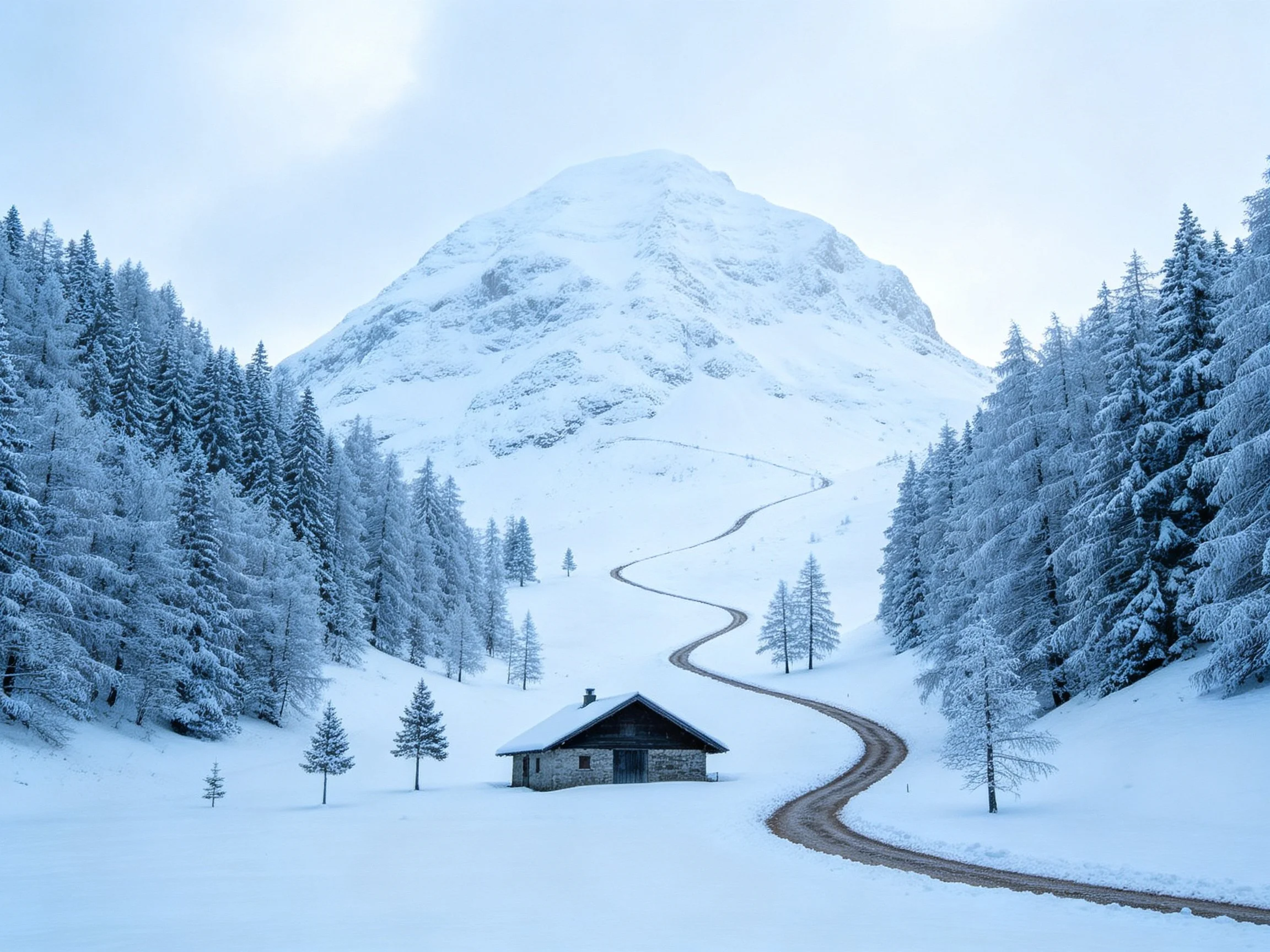 Snow-capped mountain, frosty forest, stone cabin, winding road