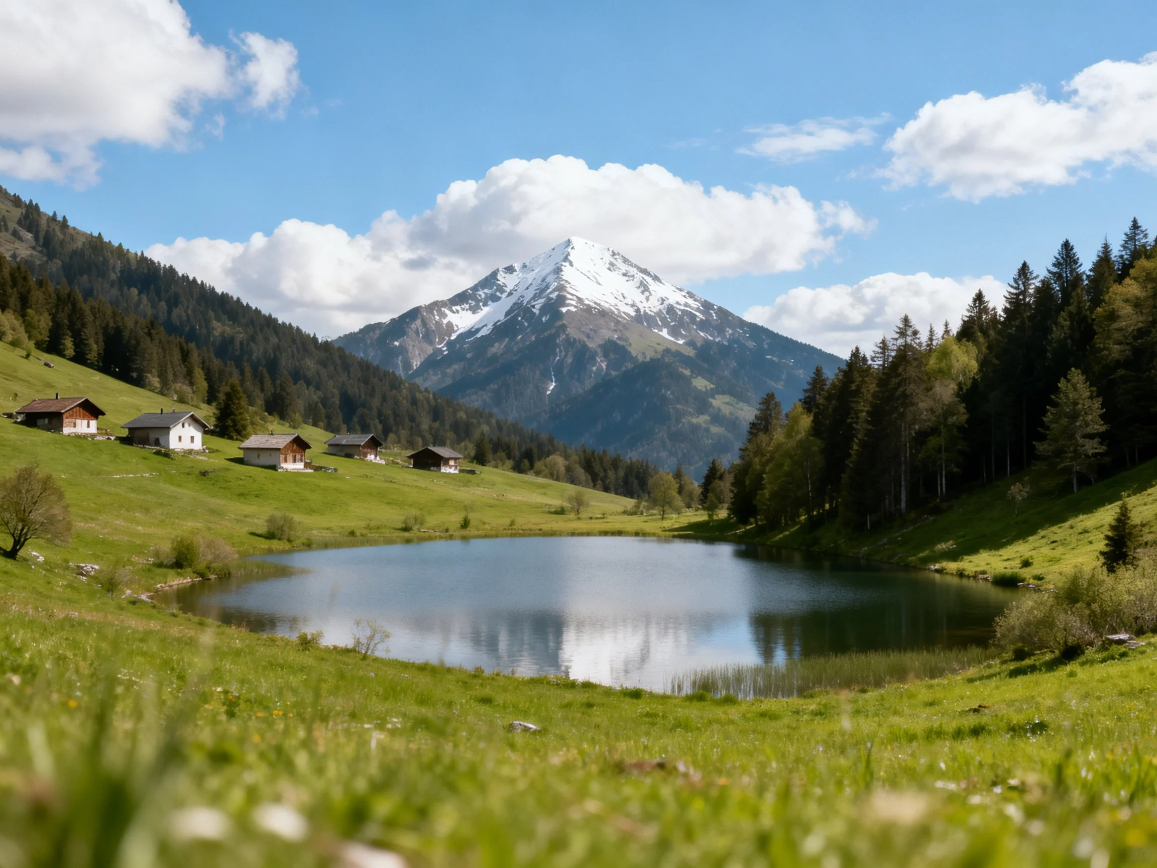 Snow-capped mountain overlooks a serene lake with alpine cabins