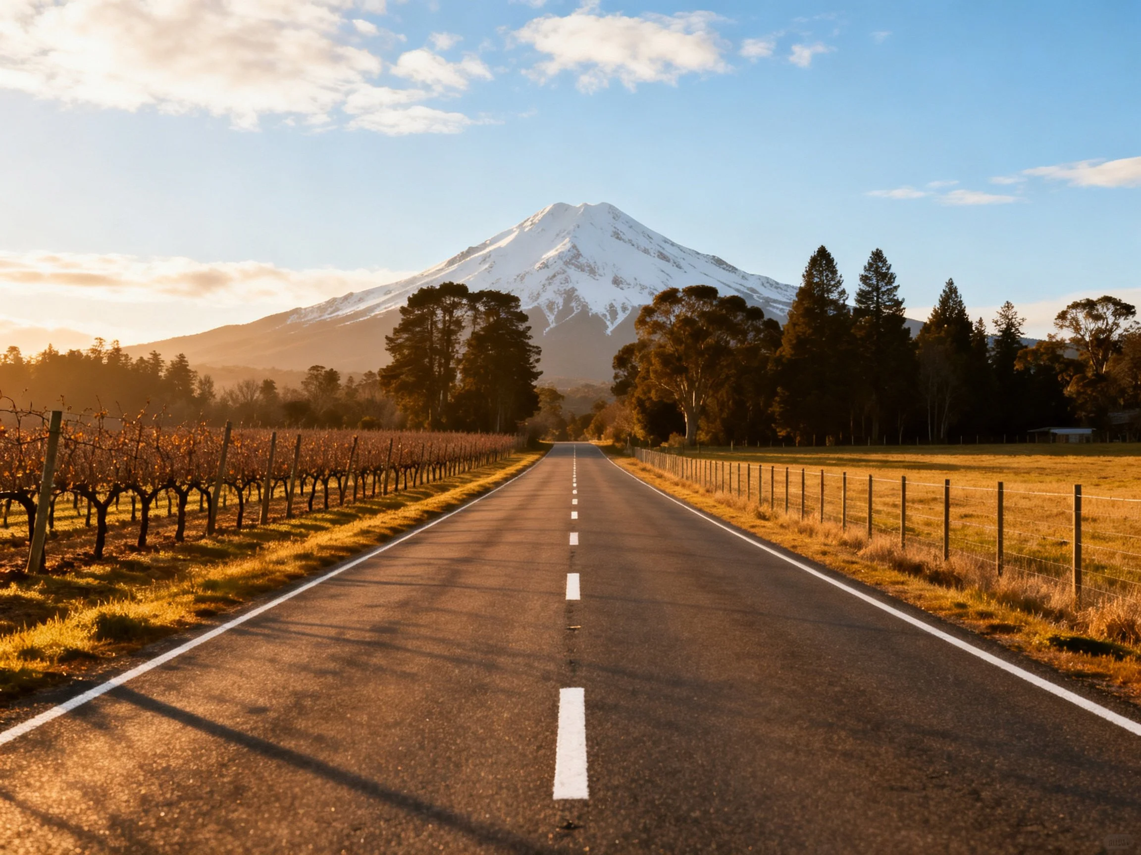 Snow-capped mountain overlooks a straight road with vineyards and golden fields