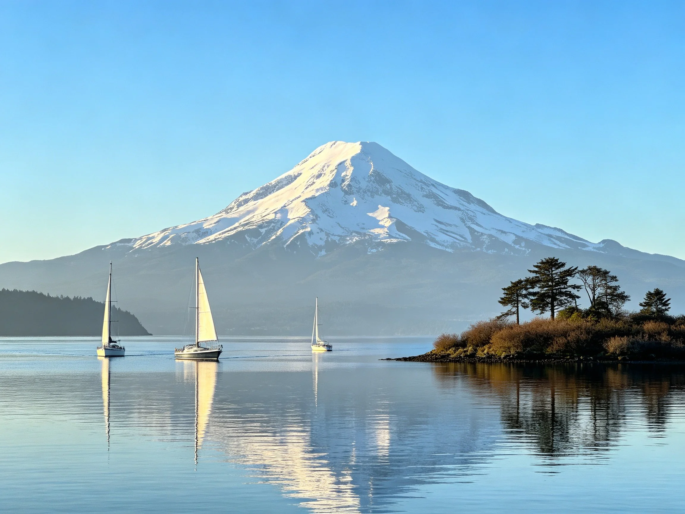 Snow - capped mountain overlooks calm waters with three sailboats