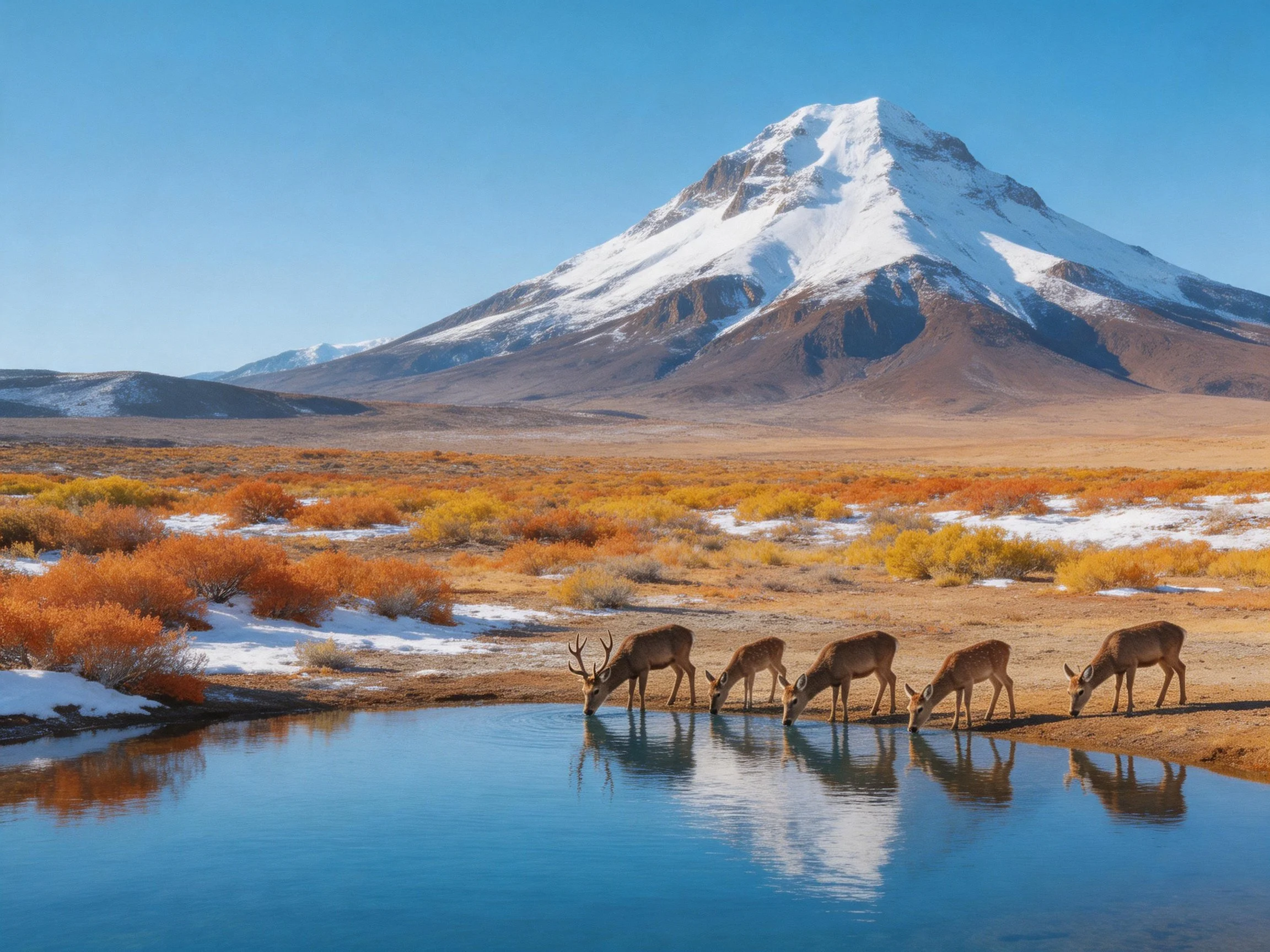 Snow-capped mountain overlooks deer drinking at a serene pond