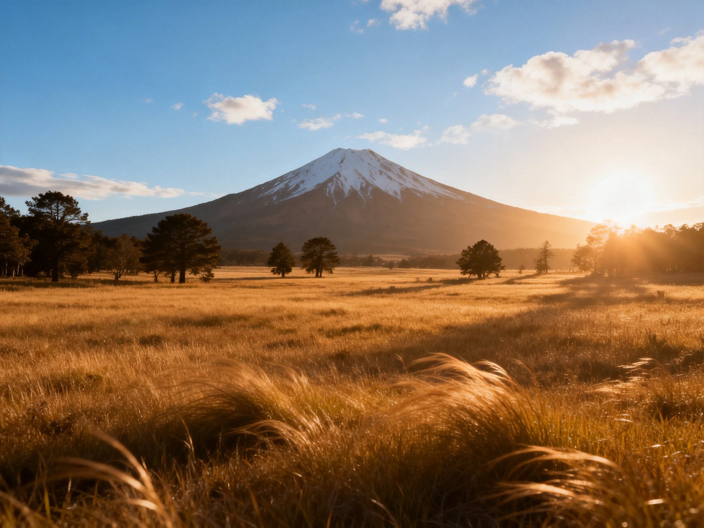 Snow-capped mountain overlooks golden meadow with scattered trees