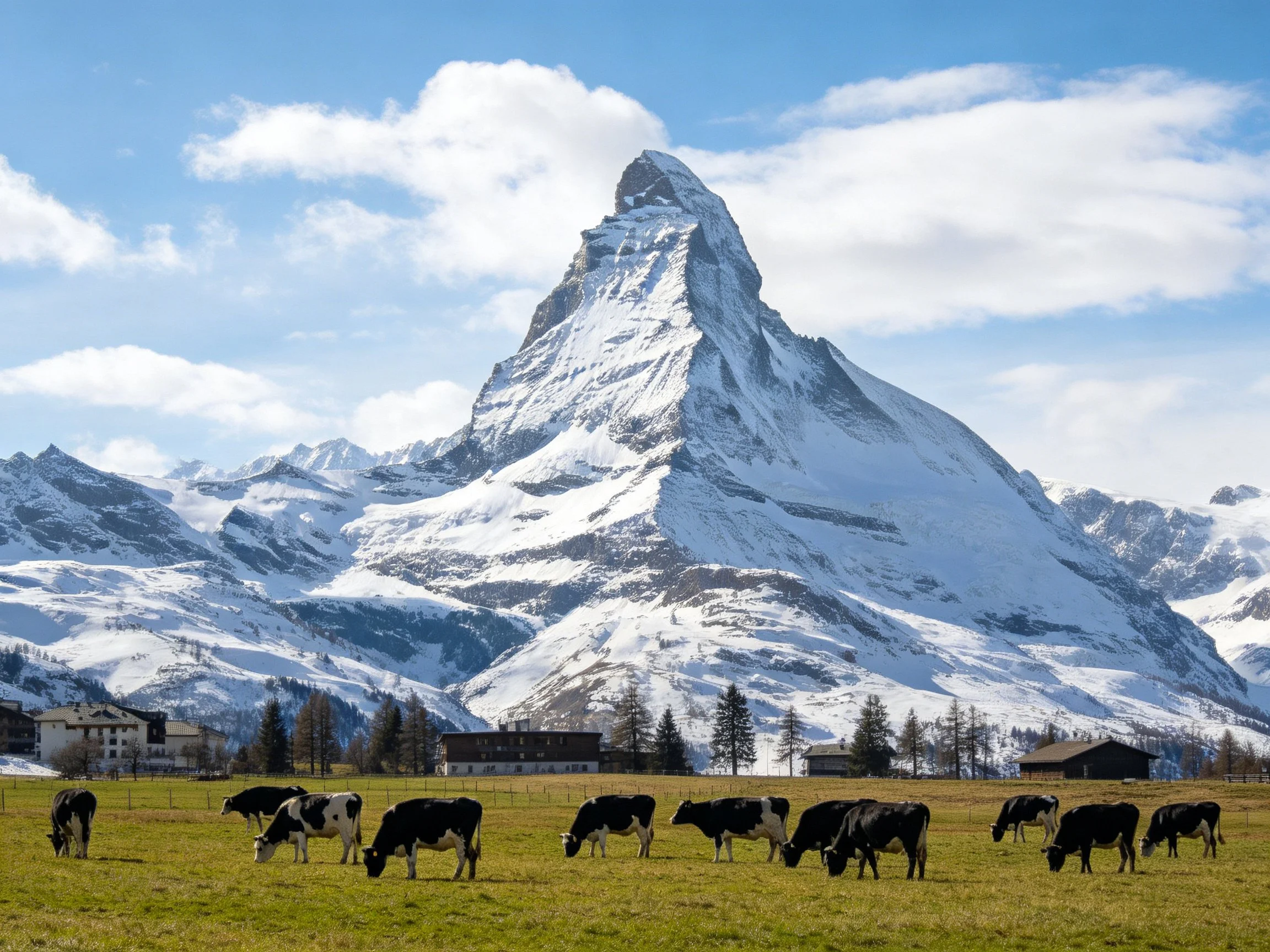 Snow - capped mountain overlooks grazing cattle near alpine buildings