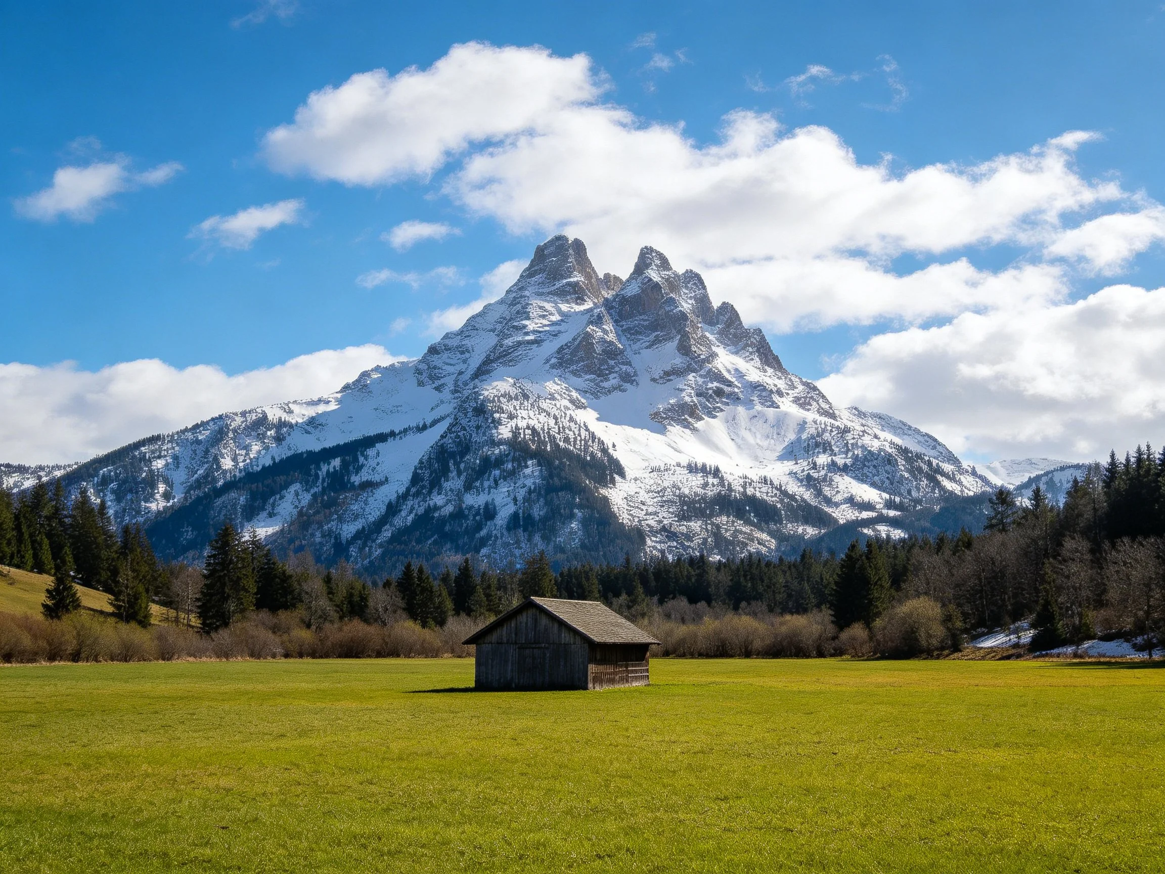 Snow - capped mountain overlooks green meadow with wooden cabin