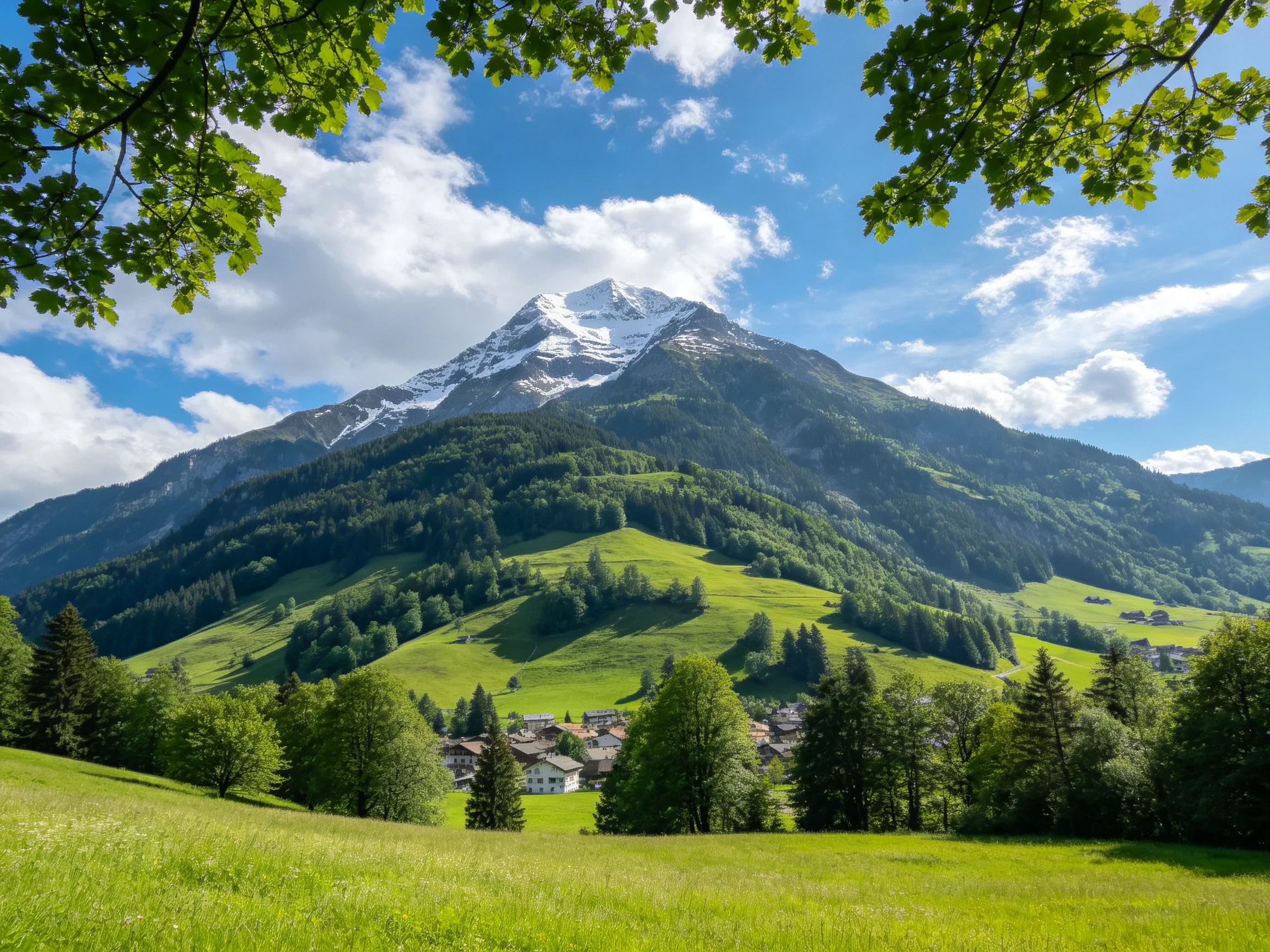 Snow - capped mountain overlooks lush green valley with forested slopes