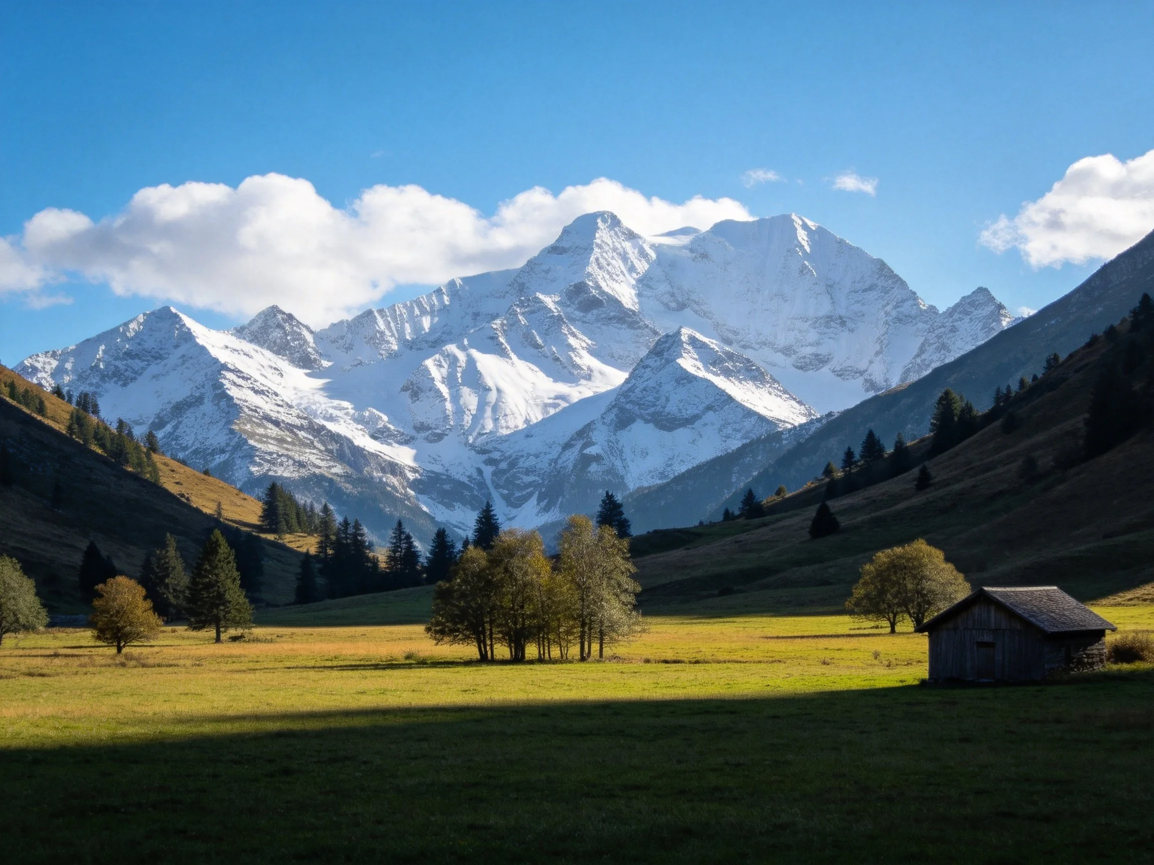 Snow - capped mountain overlooks lush green valley with wooden shelter