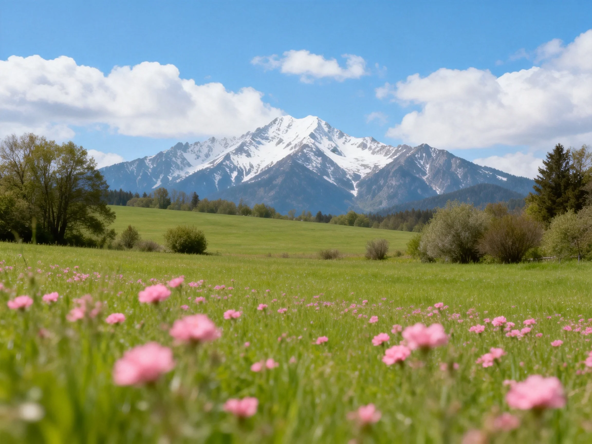 Snow-capped mountain overlooks pink-flowered meadow under bright blue sky