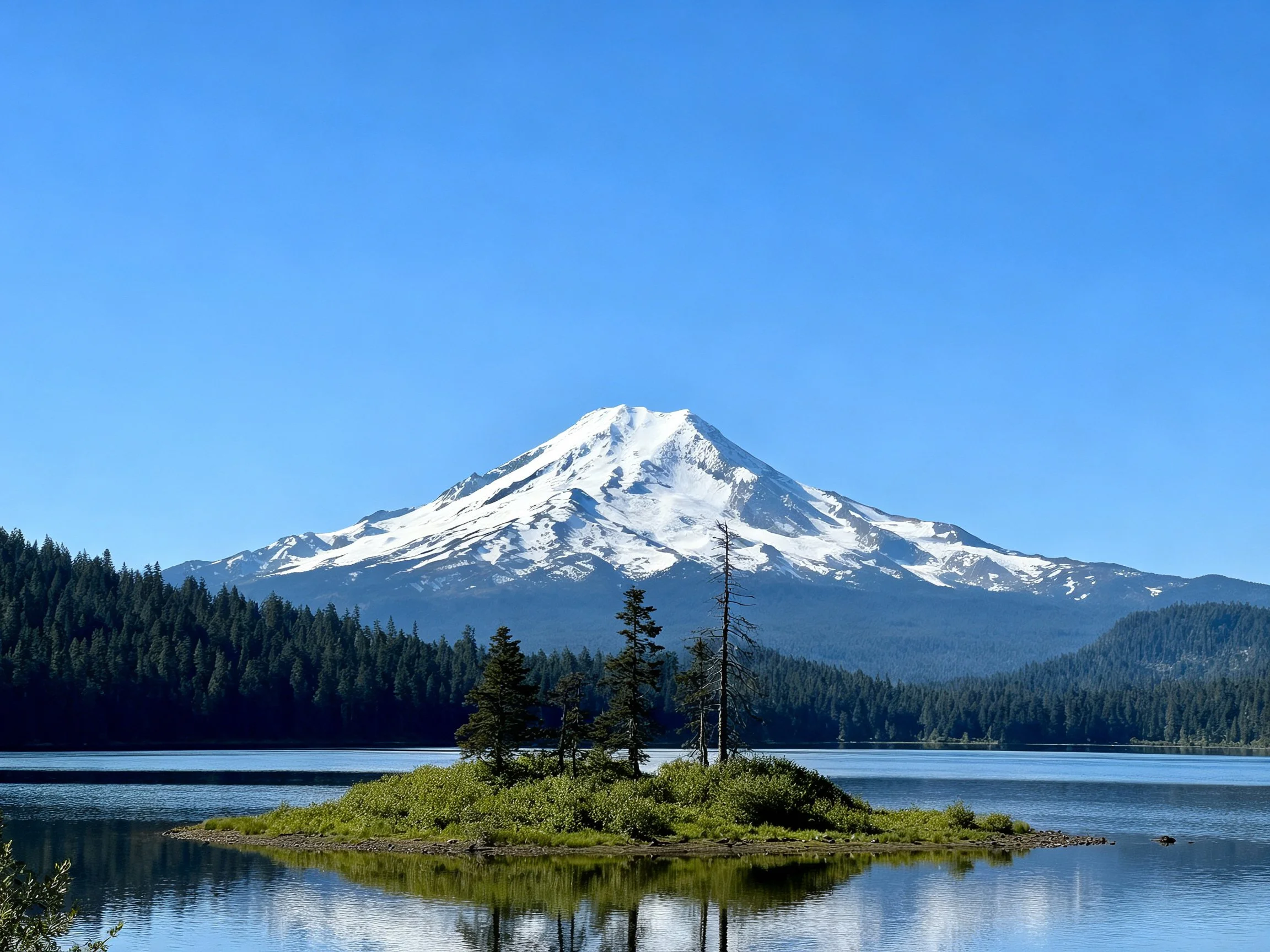 Snow - capped mountain overlooks serene lake with forested island
