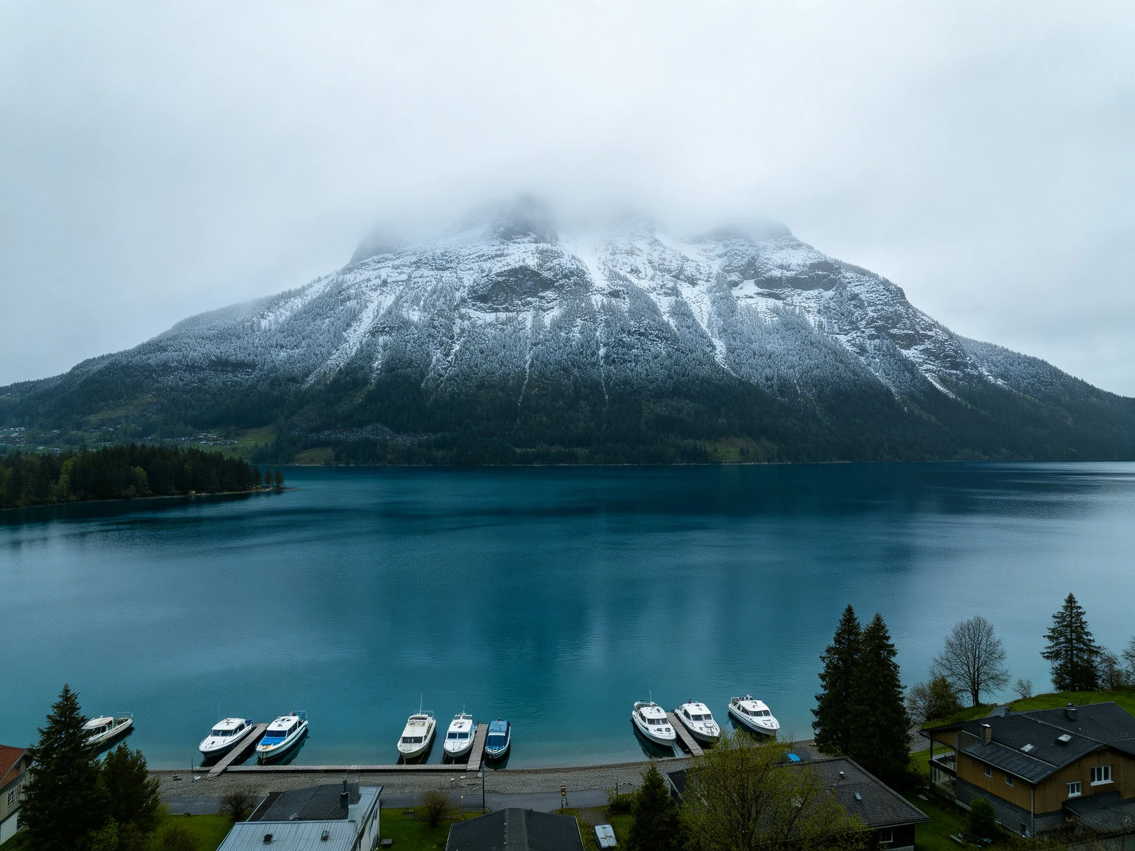 Snow - capped mountain overlooks turquoise lake with docked boats