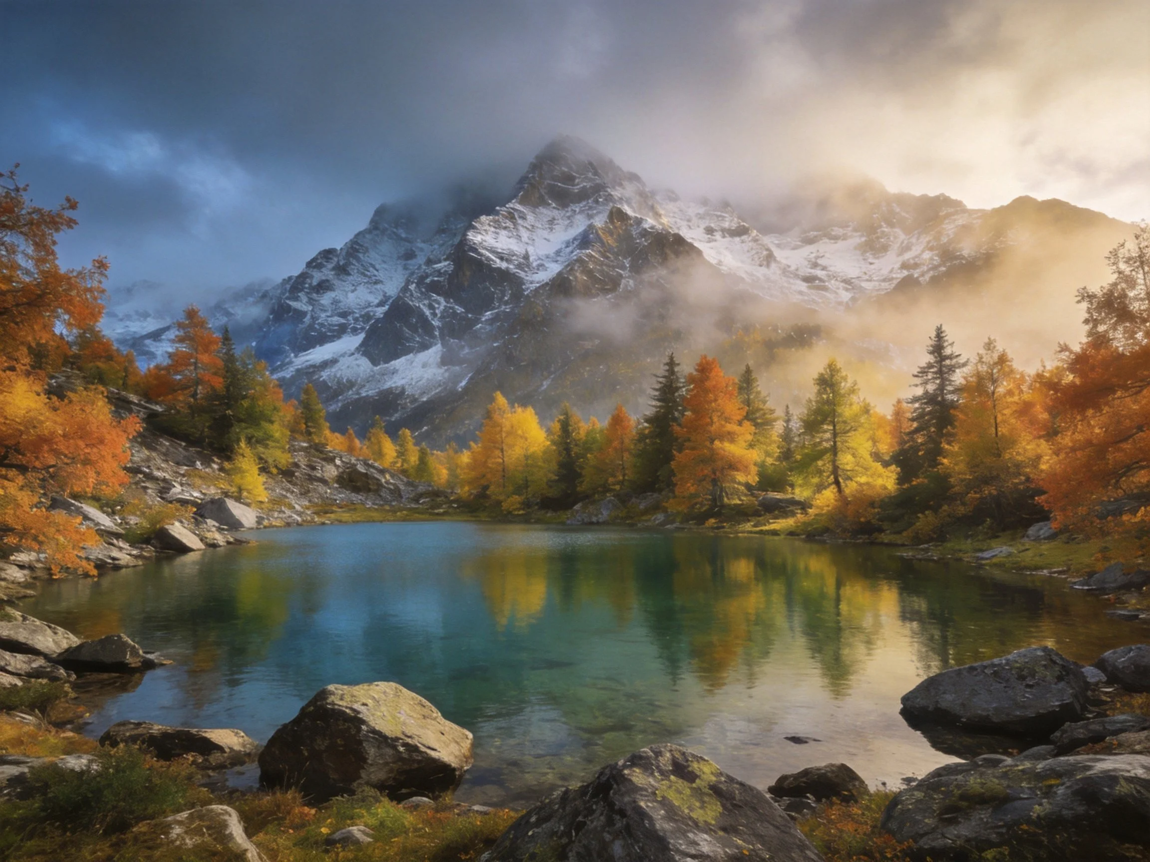 Snow-capped mountain overlooks vibrant autumn forest lake