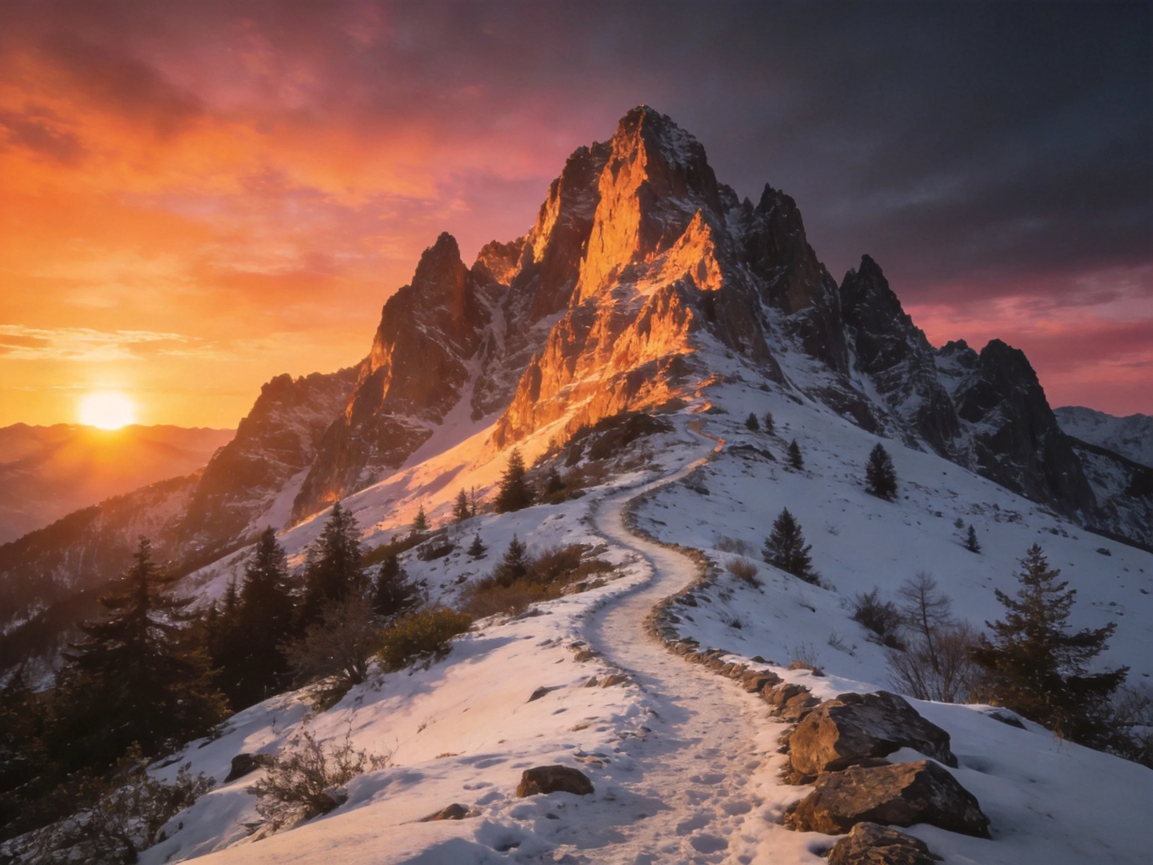 Snow-capped mountain peak at vibrant sunset with winding path