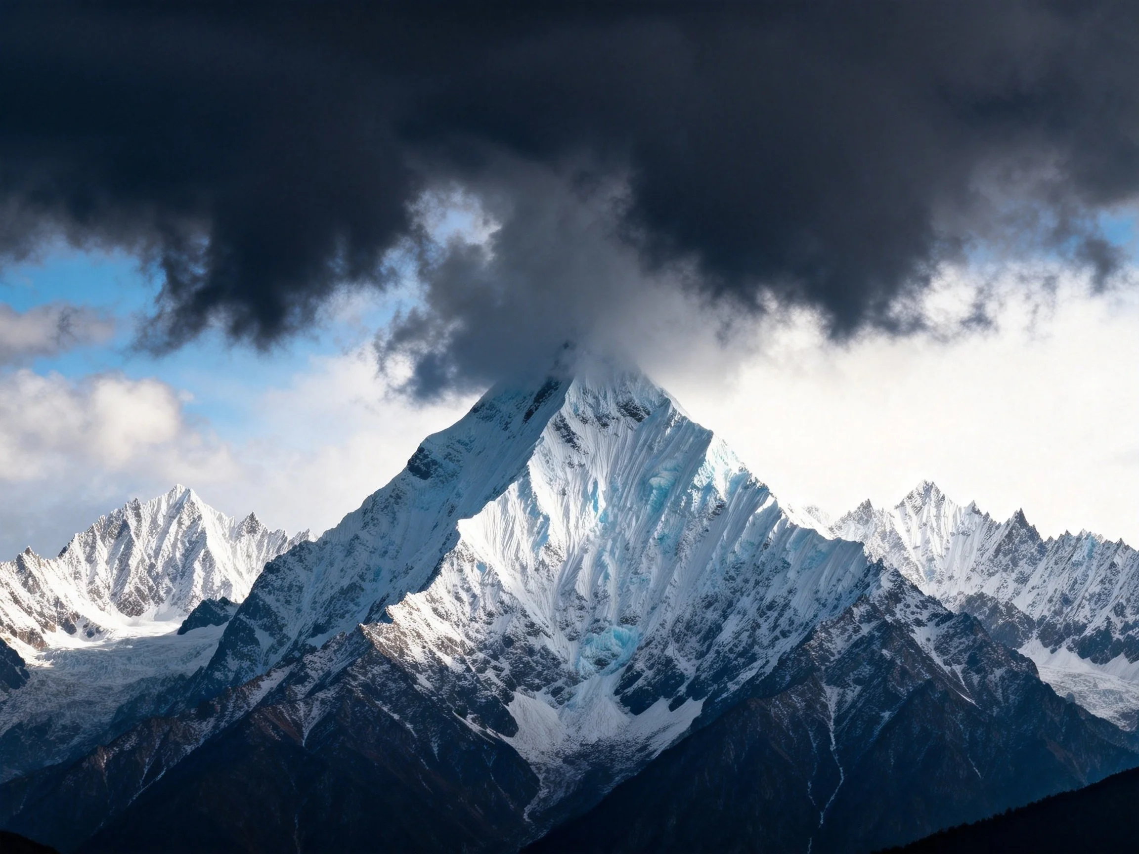 Snow-capped mountain peak beneath dramatic dark storm clouds