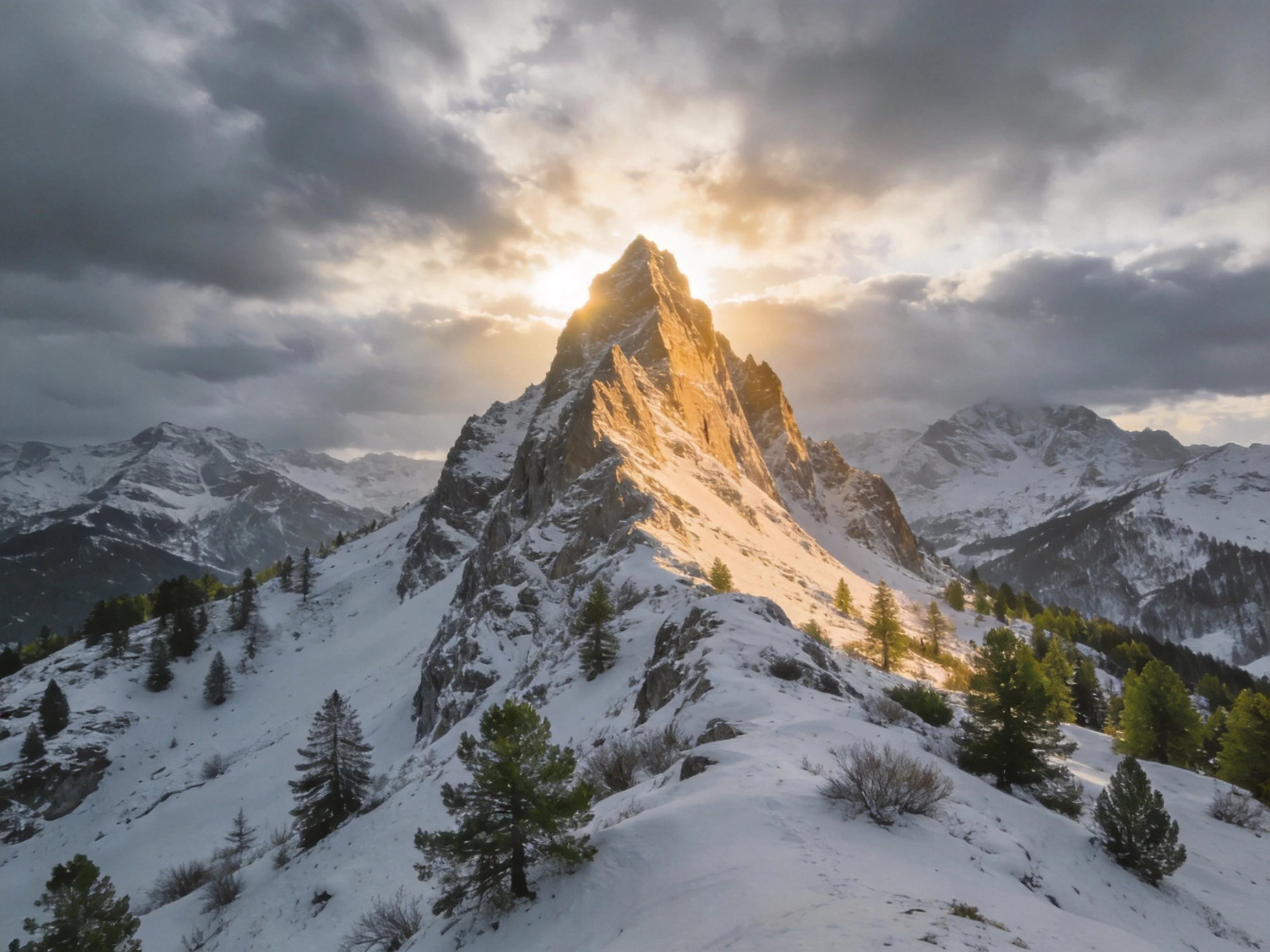 Snow-capped mountain peak lit by golden sunlight with evergreen trees