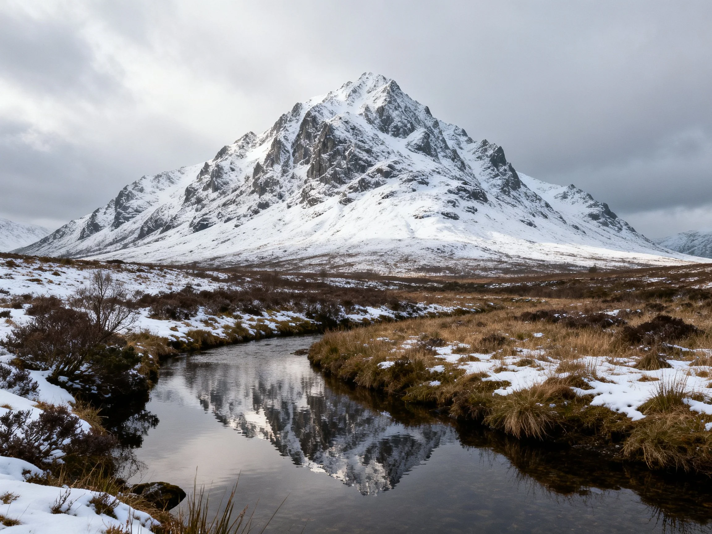 Snow-capped mountain peak reflected in a meandering stream