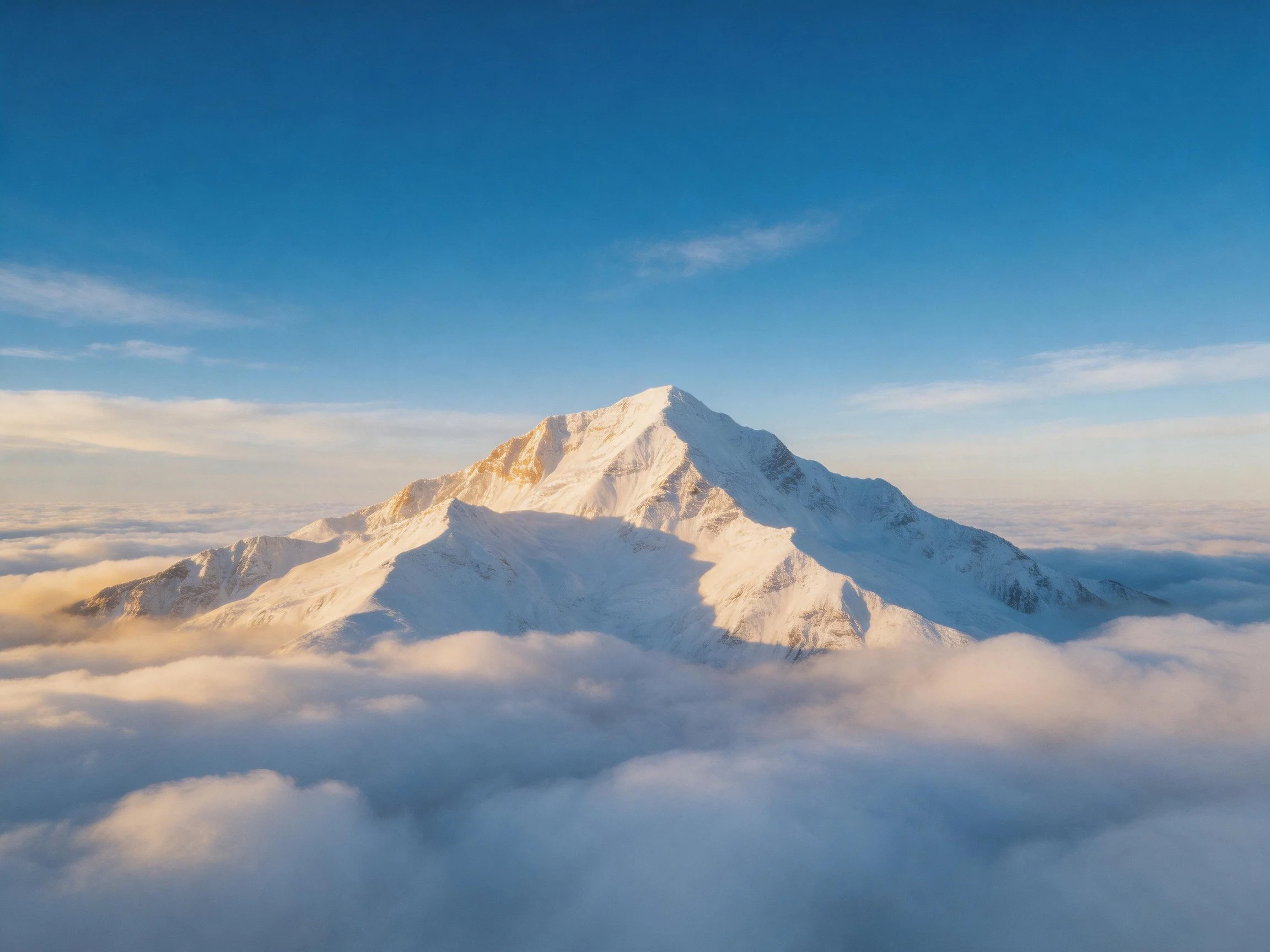 Snow-capped mountain peak rises above sea of clouds under bright blue sky