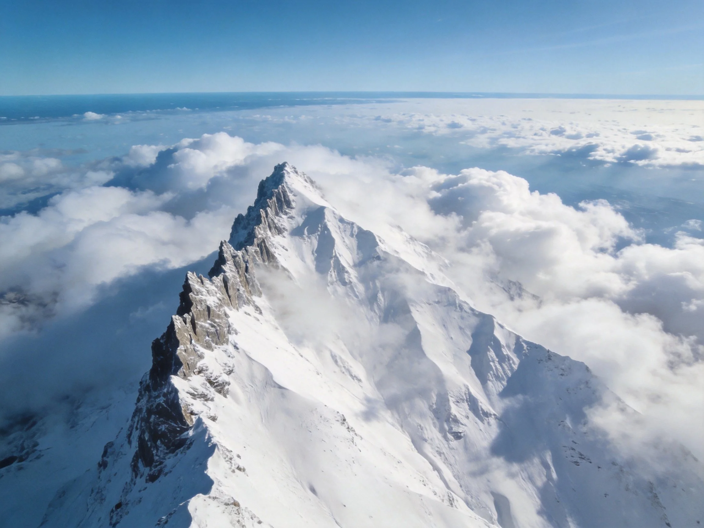 Snow - capped mountain peak rises above vast cloud expanse