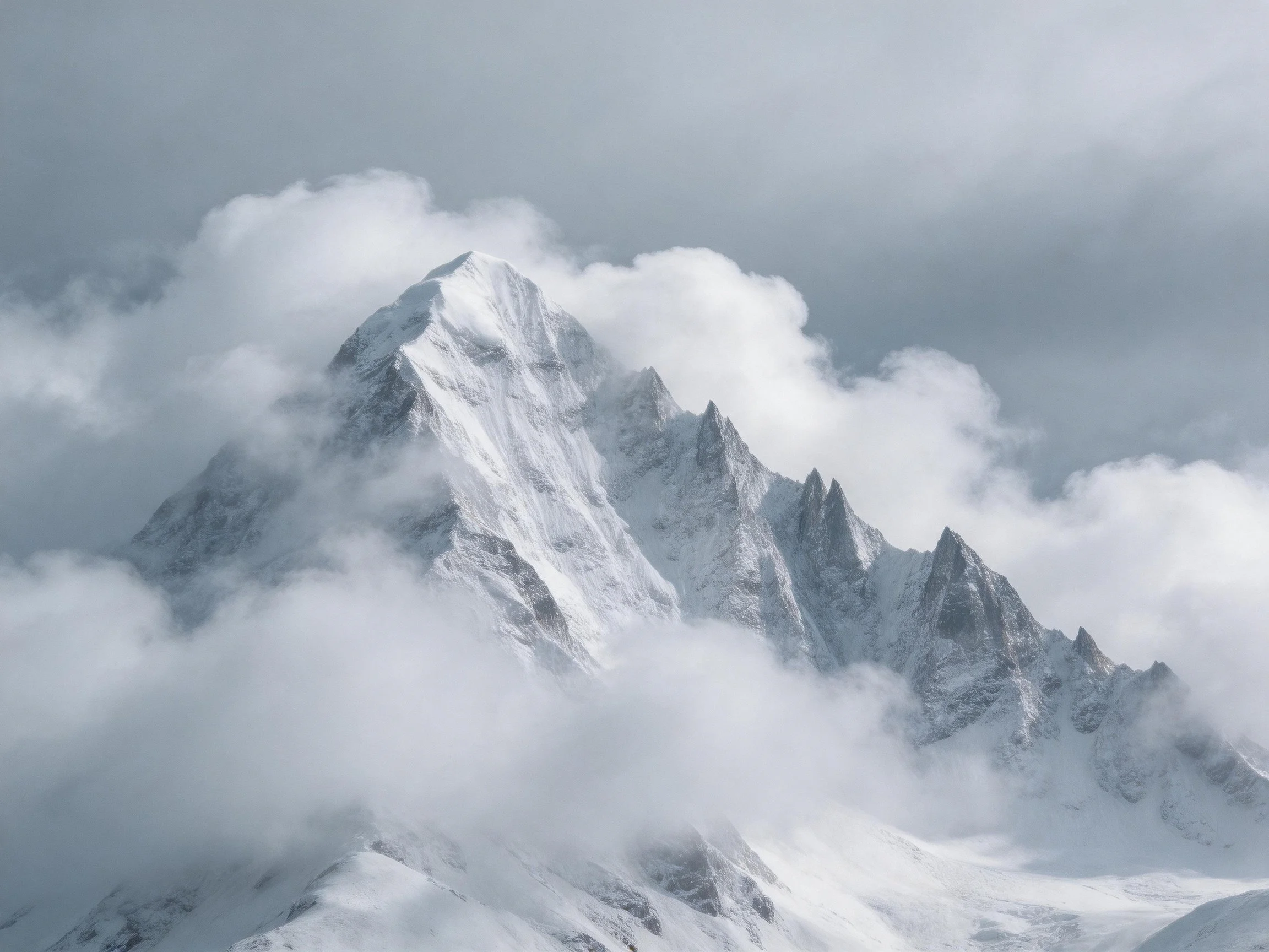 Snow-capped mountain peak shrouded in misty white clouds