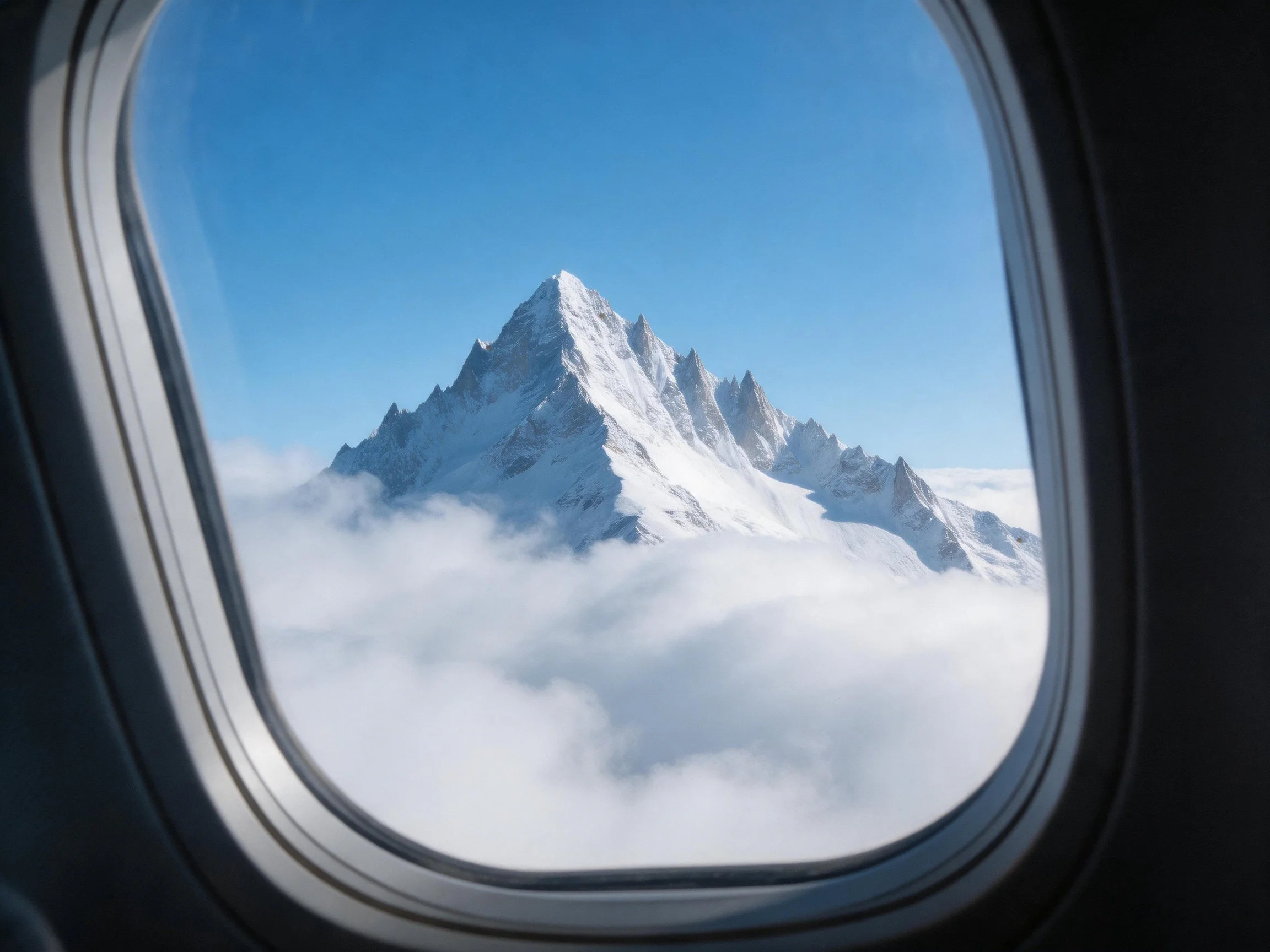Snow-capped mountain peak viewed through an airplane window