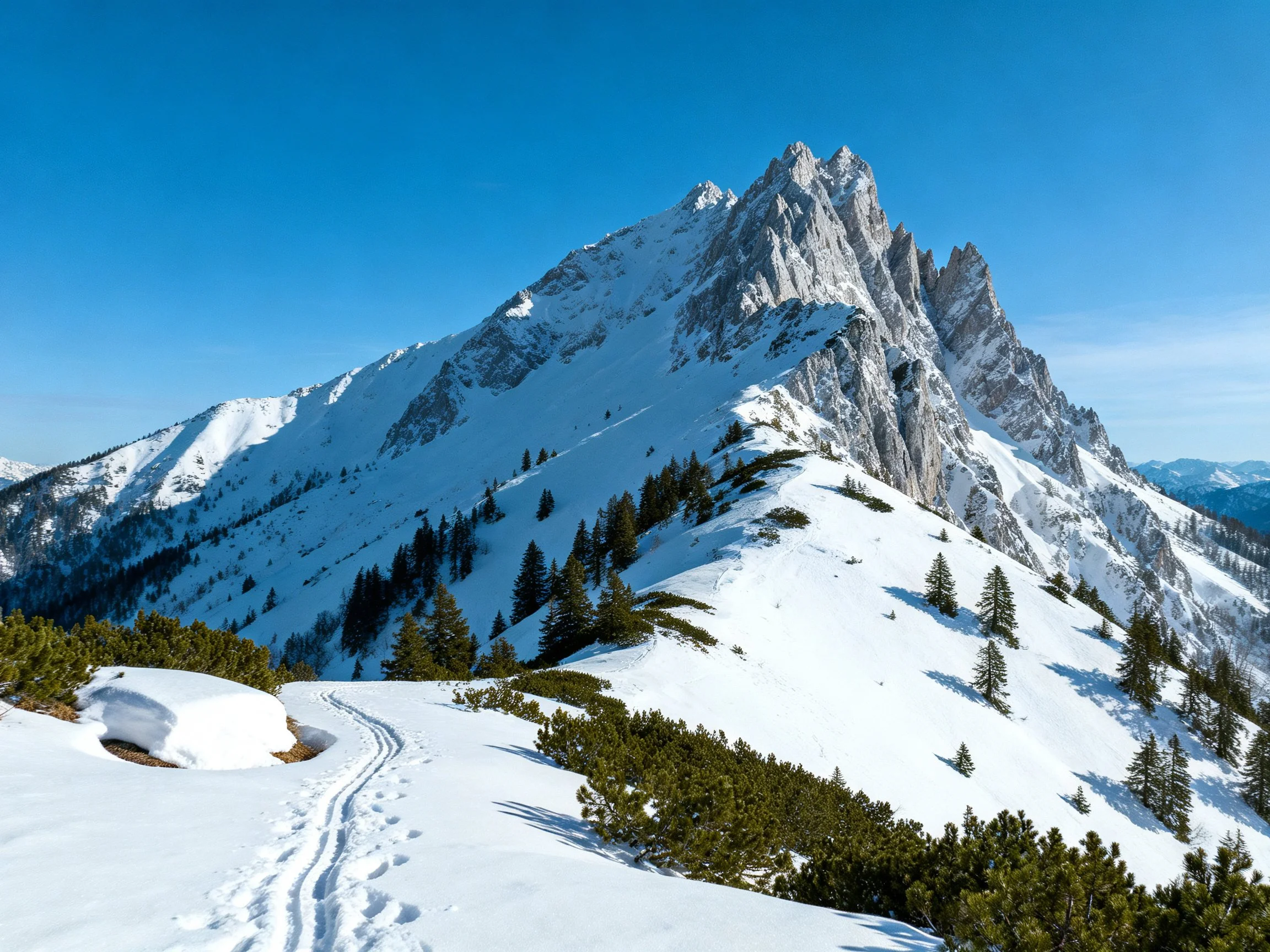 Snow-capped mountain peak with clear blue sky and evergreen trees