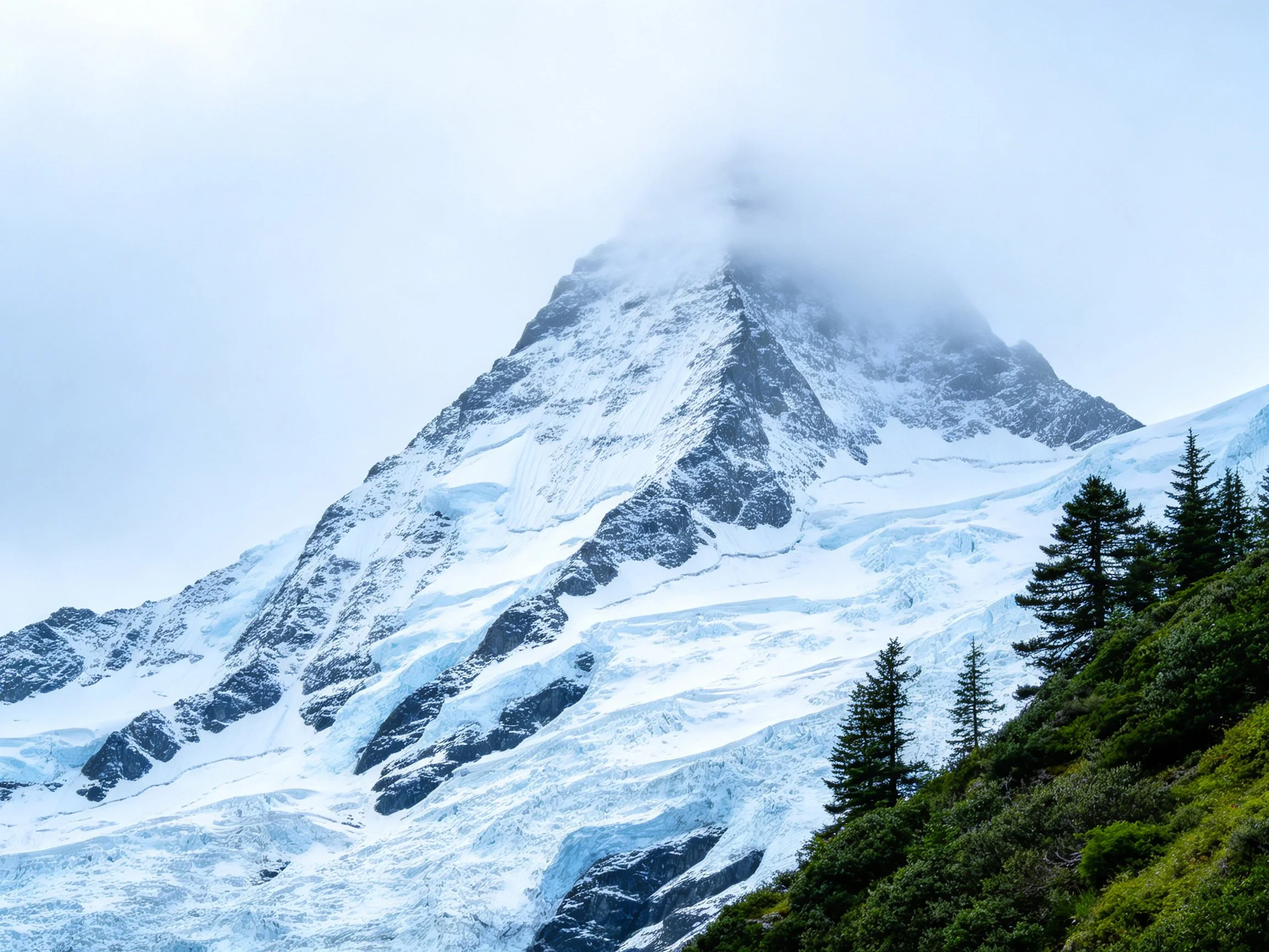 Snow - capped mountain peak with cloudy summit and green vegetation