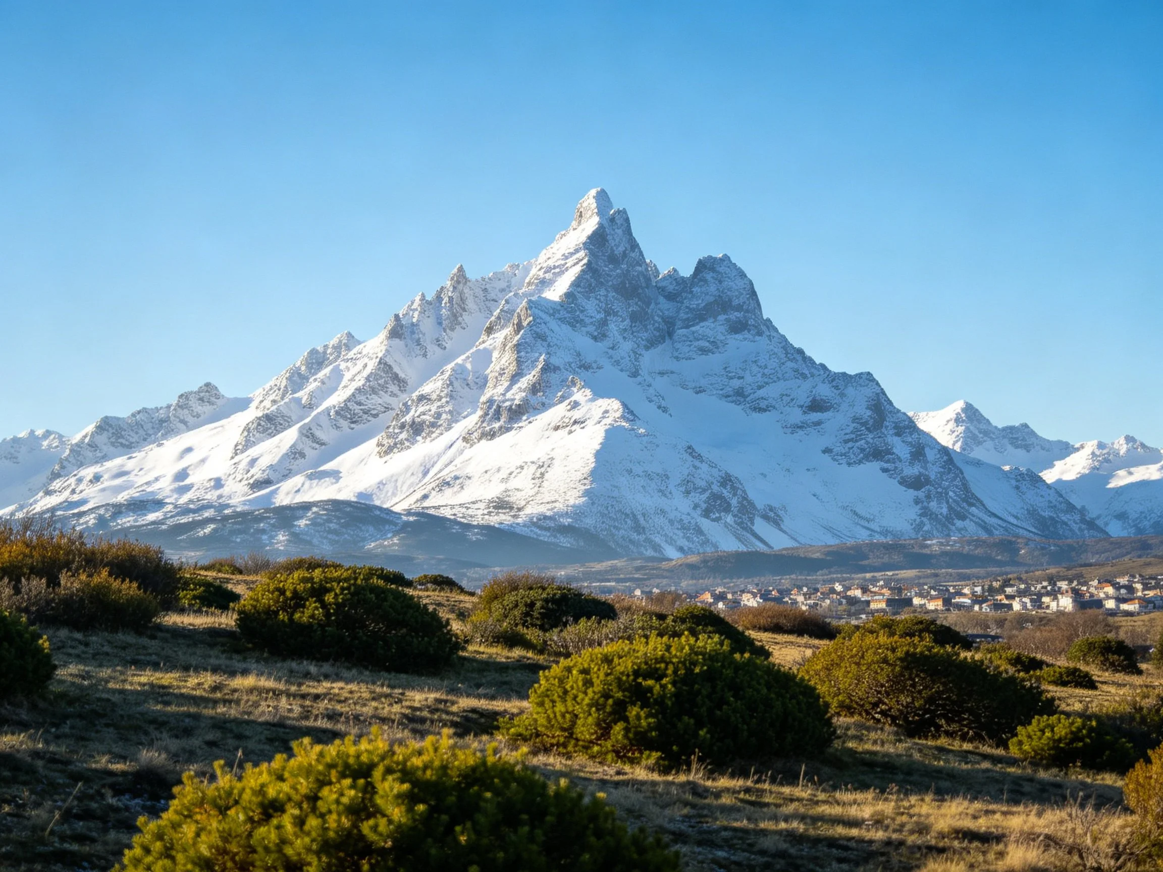 Snow-capped mountain peak with green shrubs and distant settlement