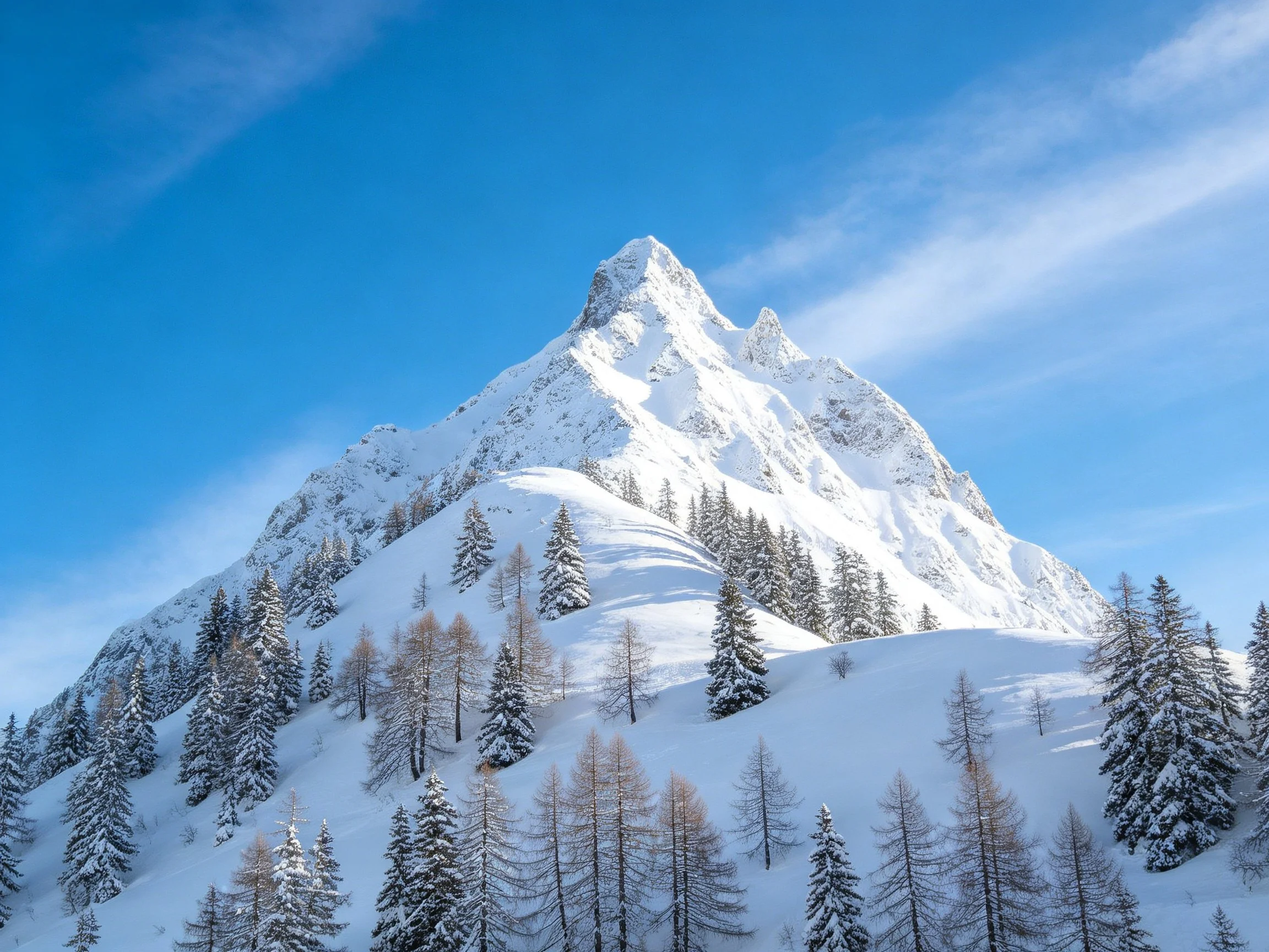 Snow-capped mountain peak with snow-laden evergreens under clear blue sky