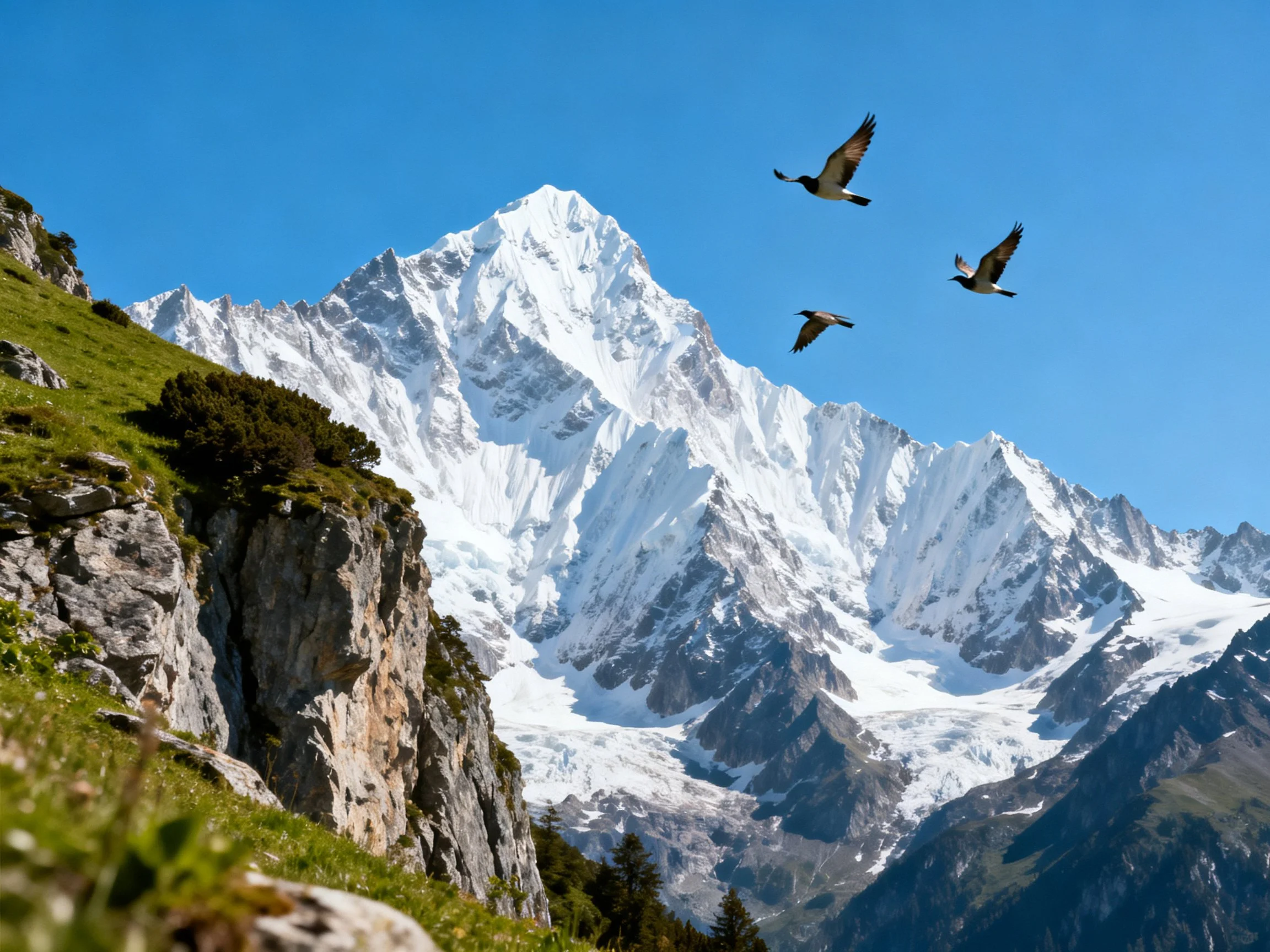Snow-capped mountain peak with three birds soaring over lush green slopes