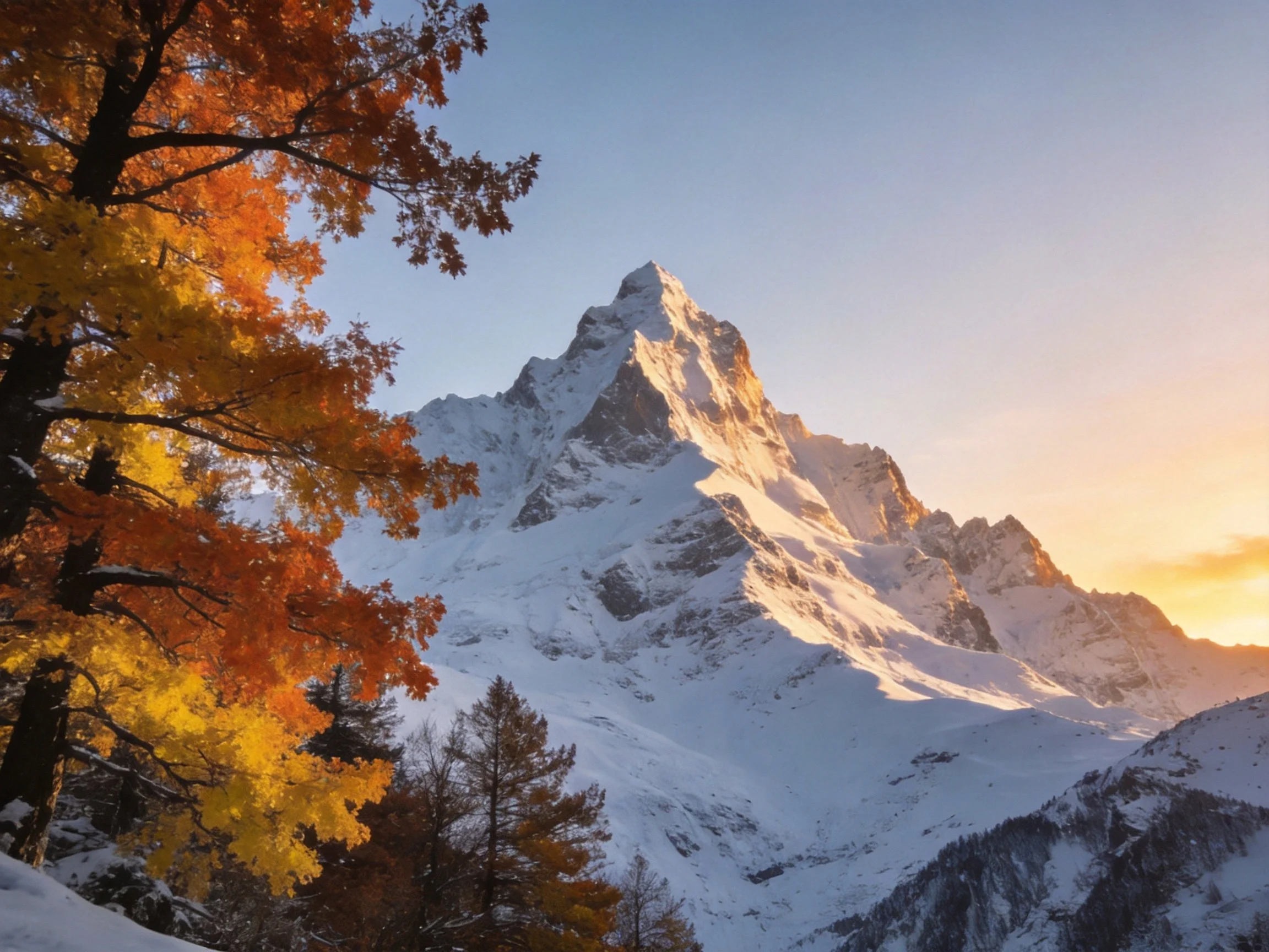 Snow-capped mountain peak with vibrant autumn trees