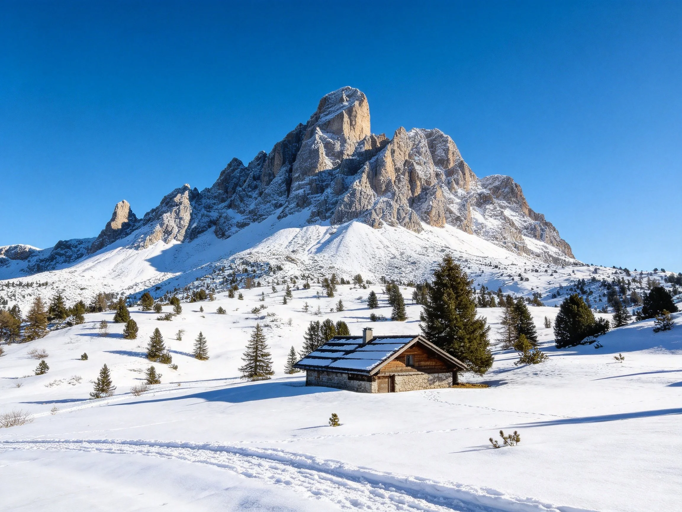 Snow-capped mountain peak with wooden cabin and evergreen trees