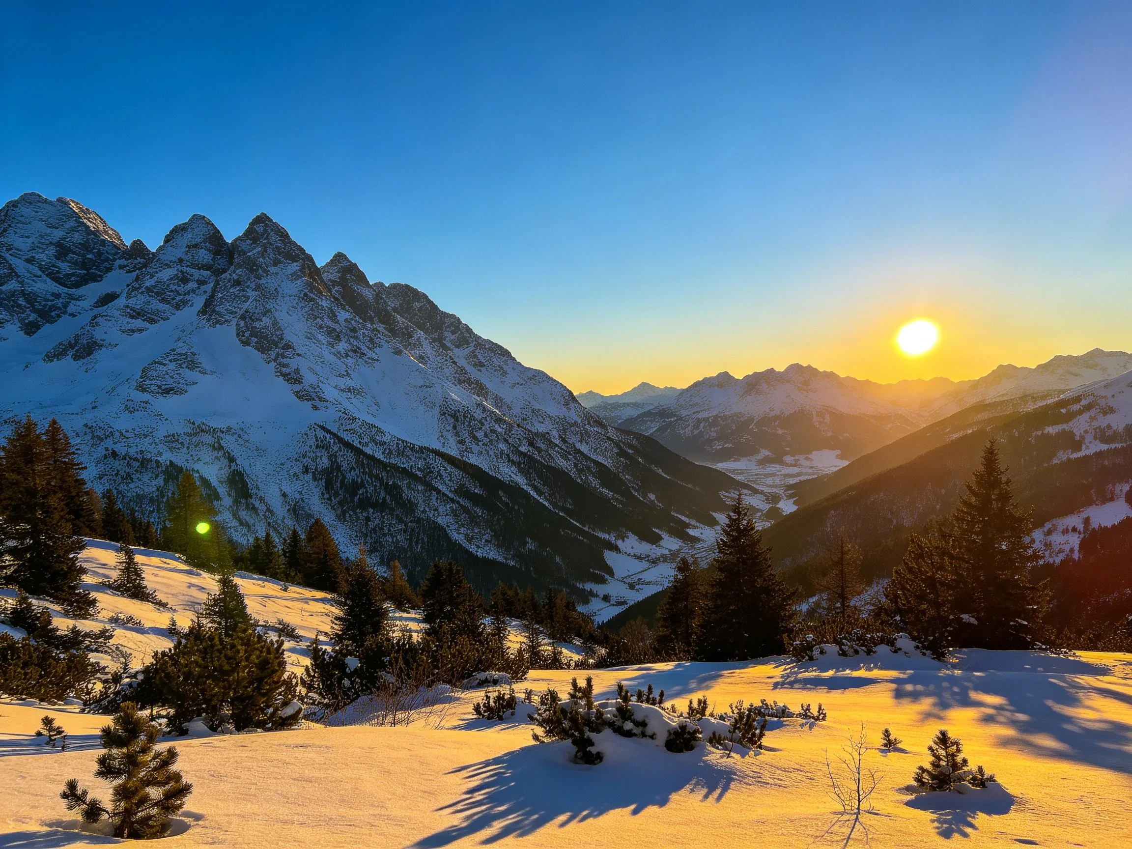 Snow-capped mountain peaks at golden hour with clear blue sky