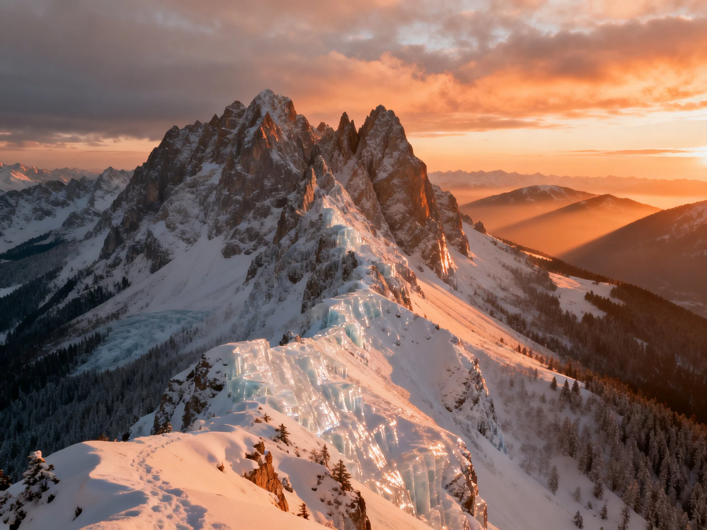 Snow-capped mountain peaks bathed in golden sunset