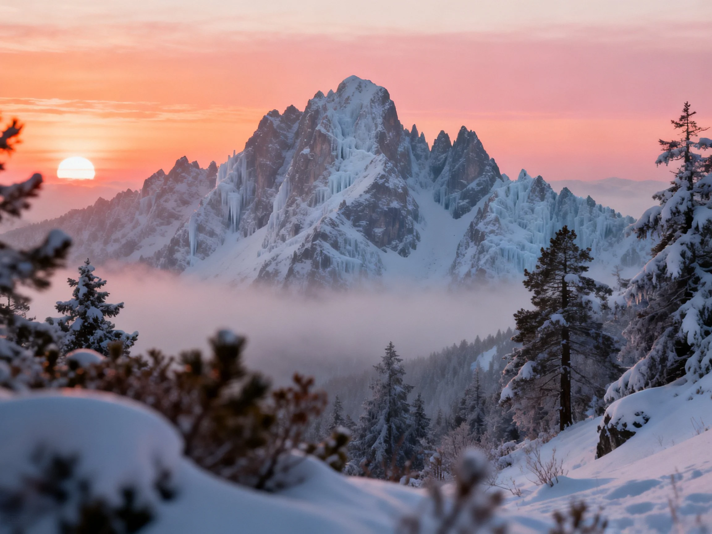 Snow-capped mountain peaks bathed in pink dawn light