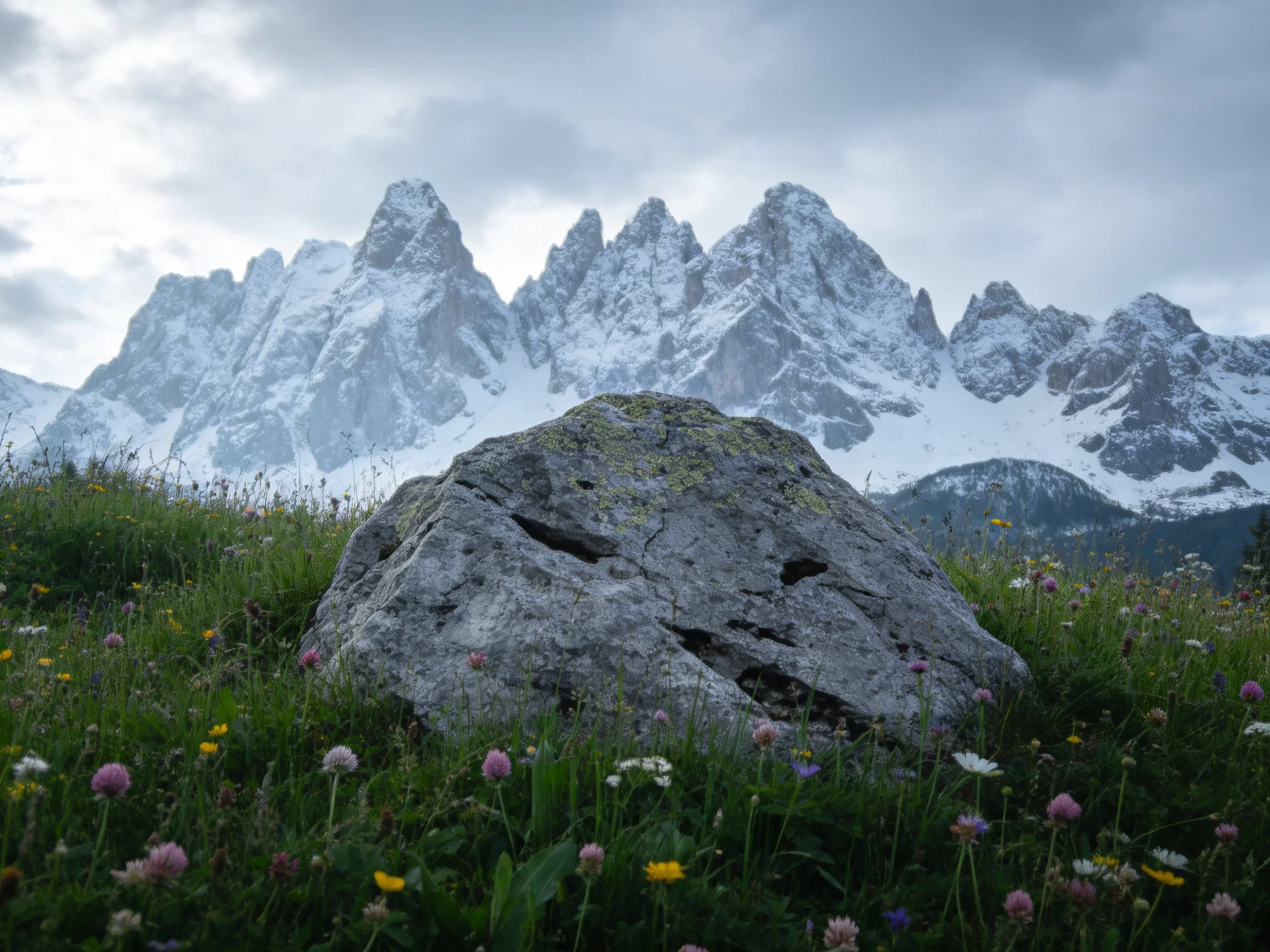 Snow-capped mountain peaks behind a mossy boulder with wildflowers