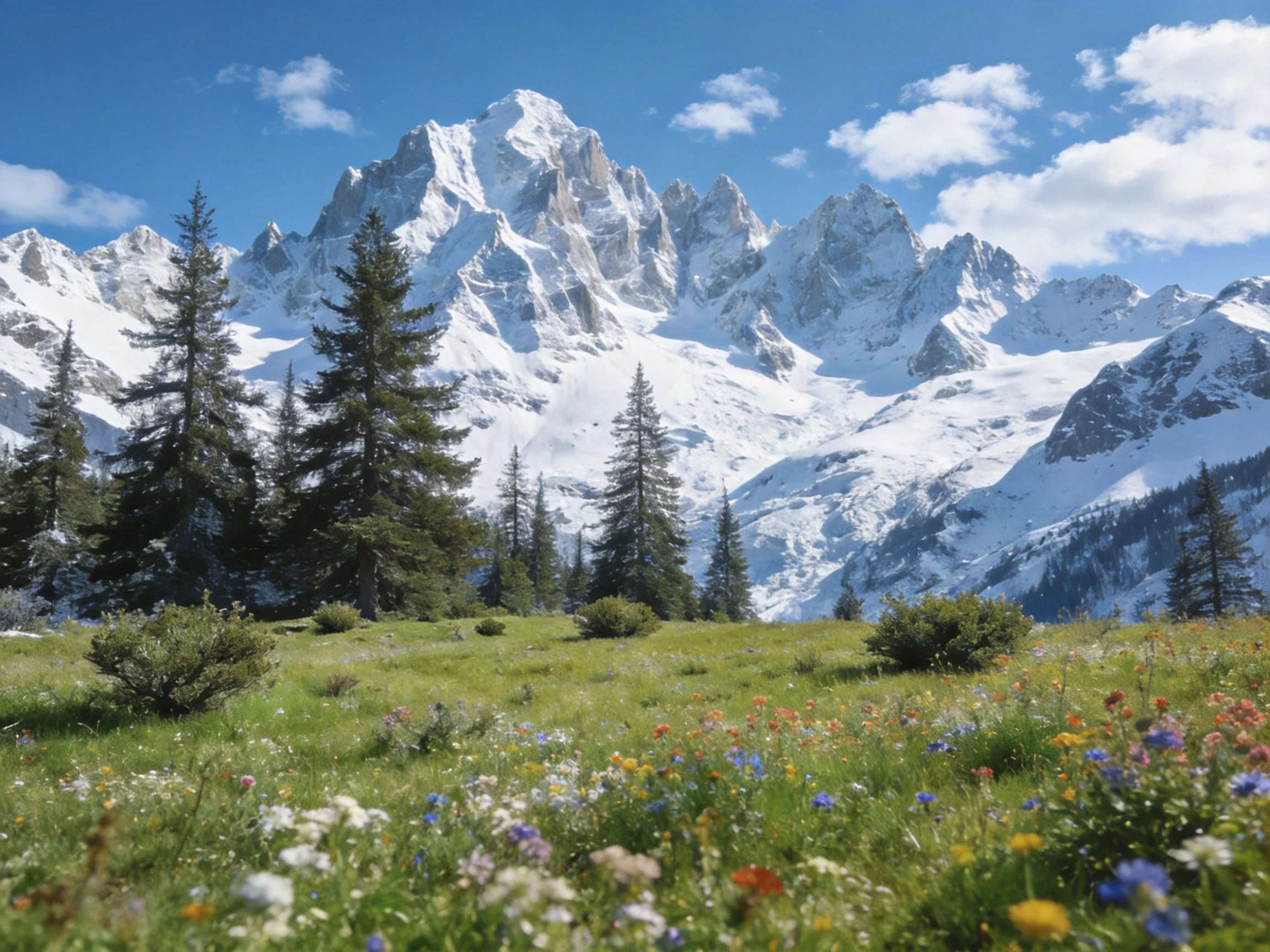 Snow-capped mountain peaks behind evergreen forest and colorful meadow