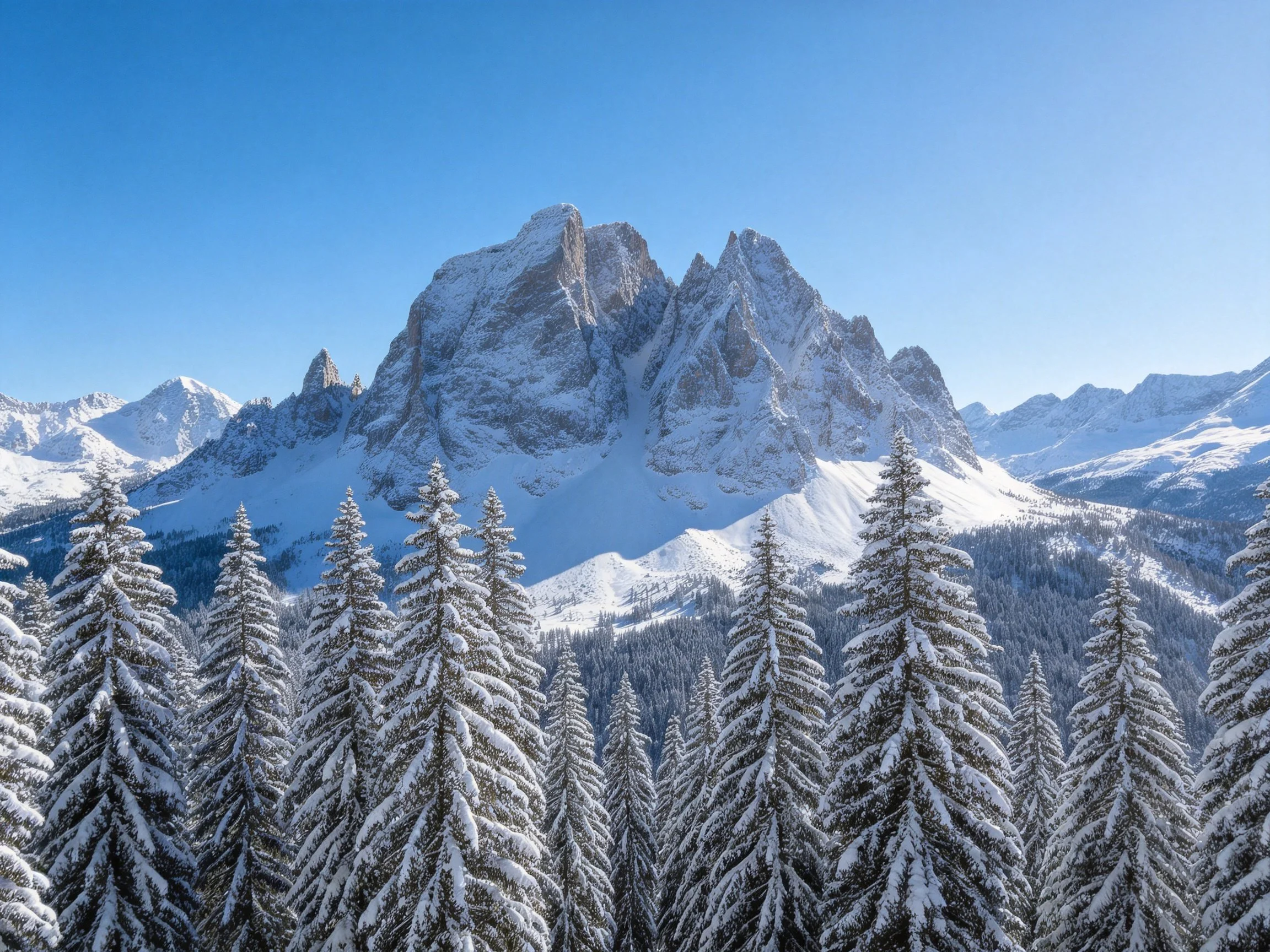 Snow-capped mountain peaks behind frosty evergreen forest