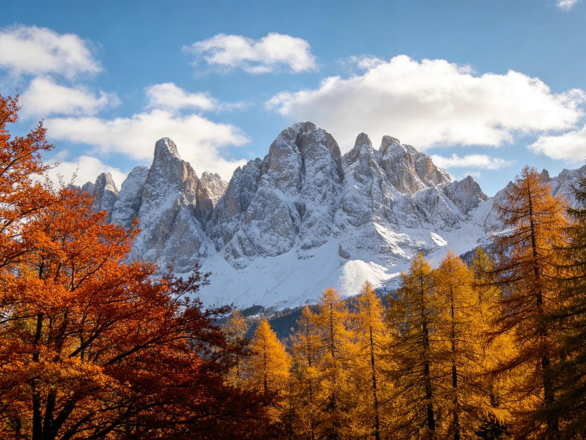 Snow-capped mountain peaks behind golden autumn forest