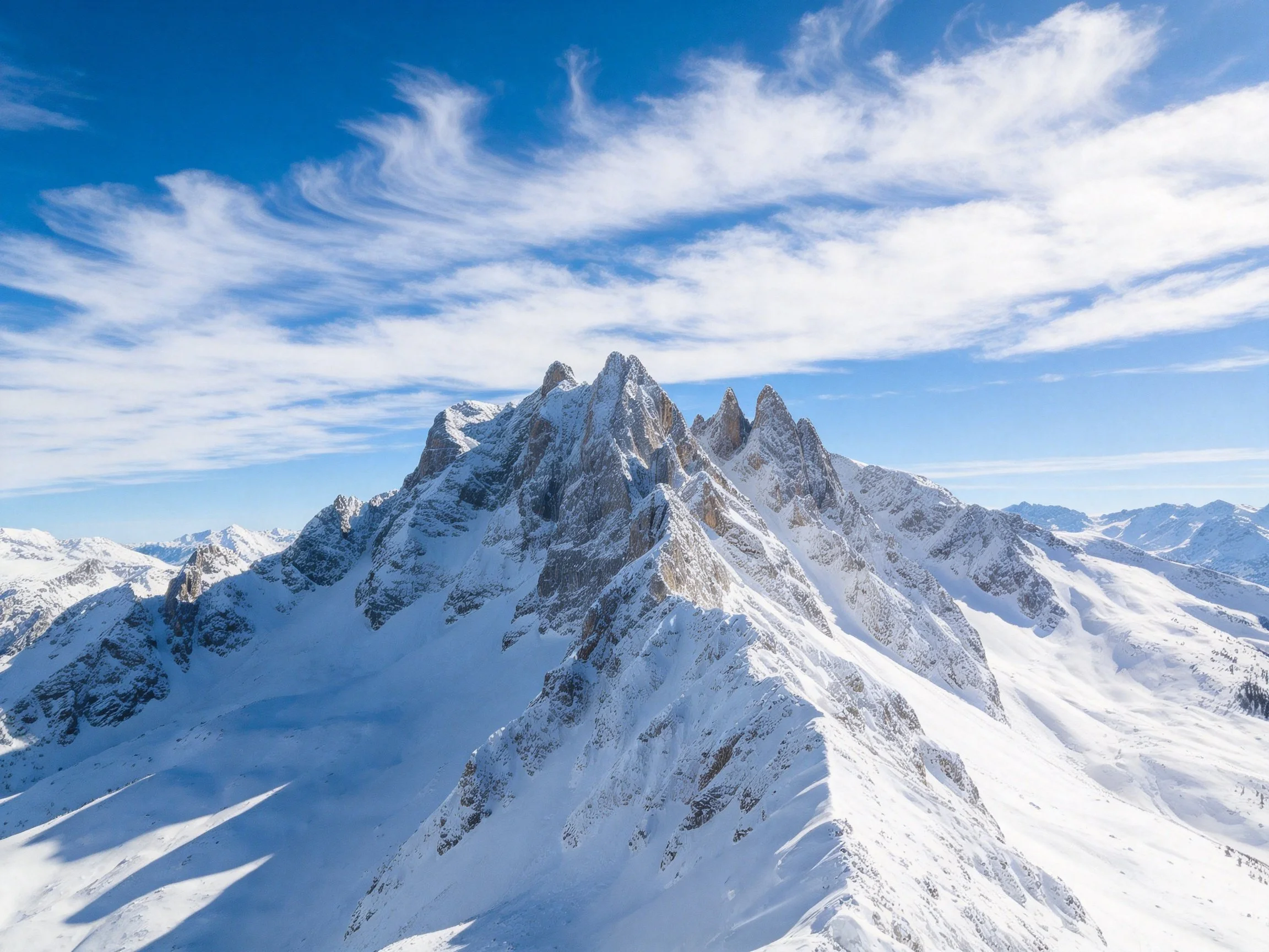Snow - capped mountain peaks beneath bright blue sky