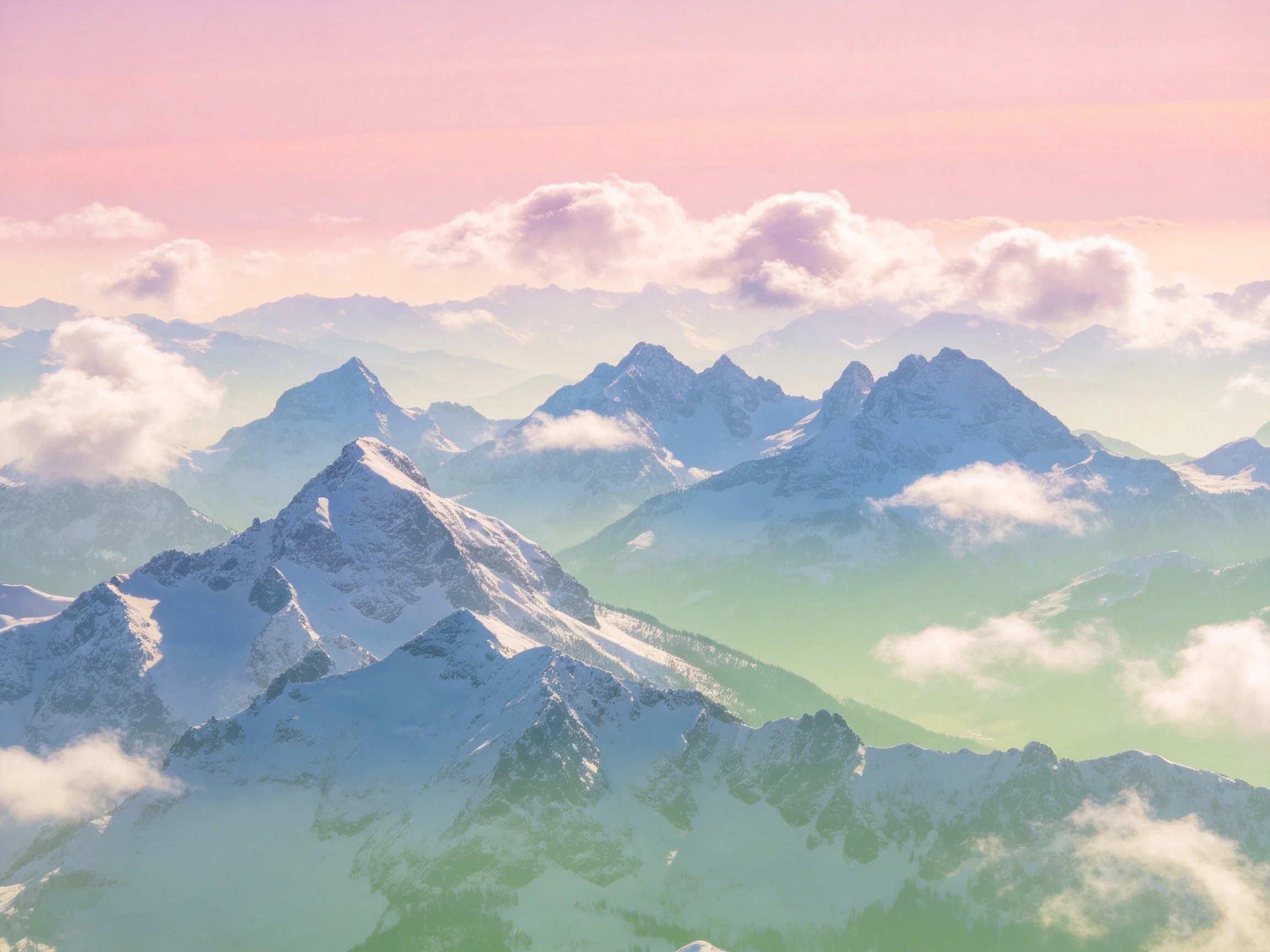 Snow - capped mountain peaks beneath pastel pink and green hued skies with scattered clouds