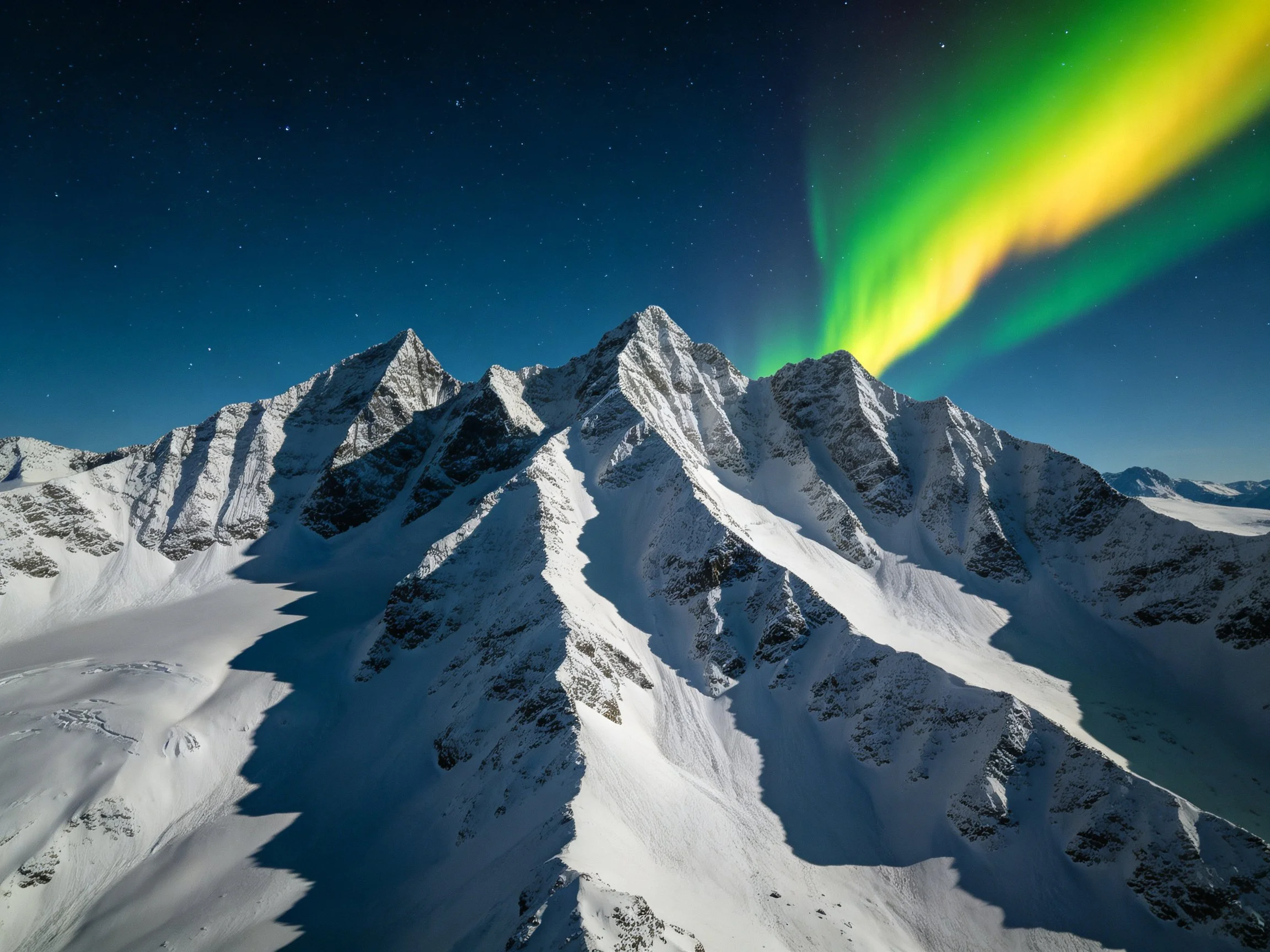 Snow-capped mountain peaks beneath vibrant green-yellow aurora