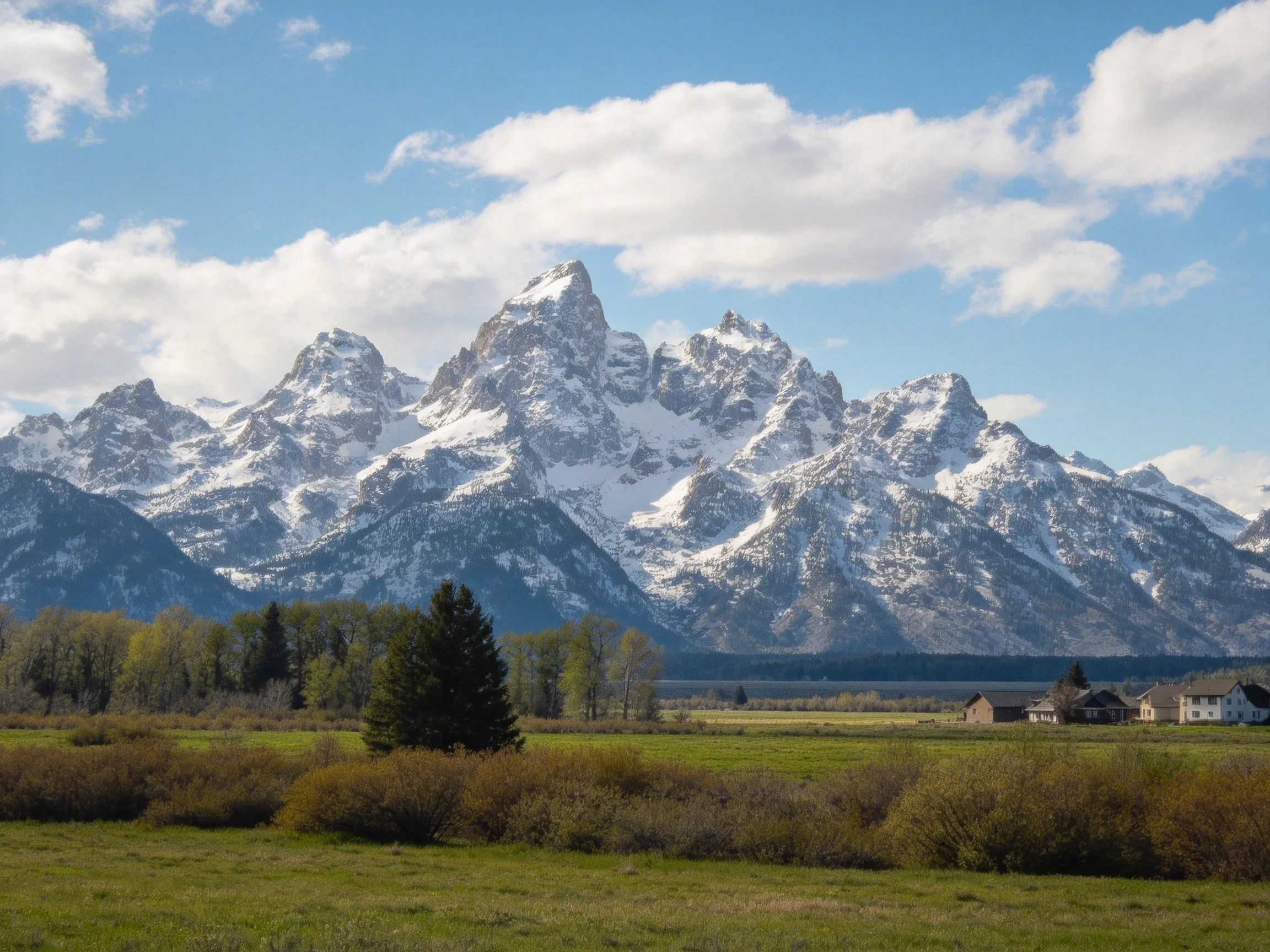 Snow - capped mountain peaks dominate a scenic valley with homes and trees
