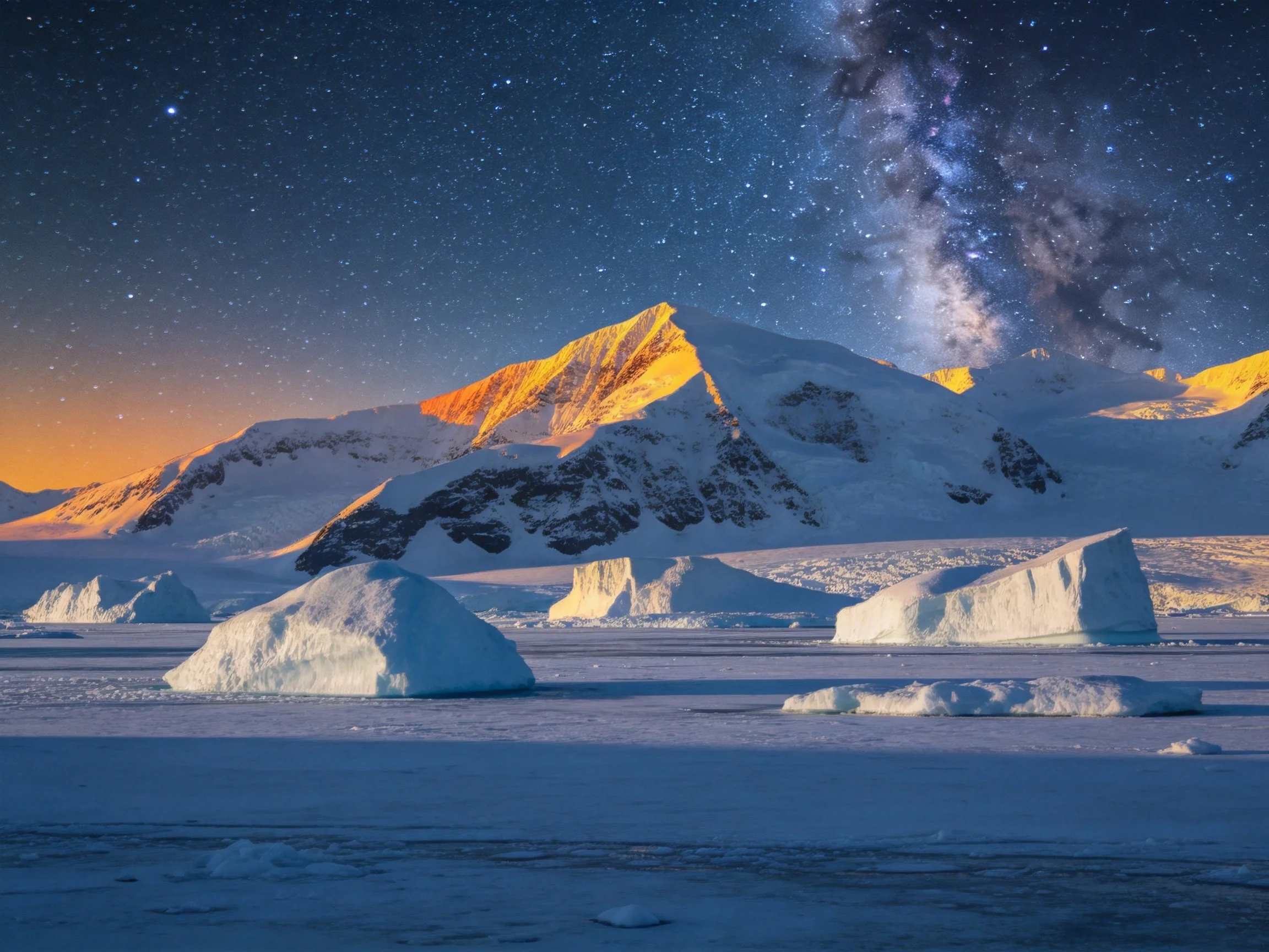 Snow-capped mountain peaks, floating icebergs, starry night sky