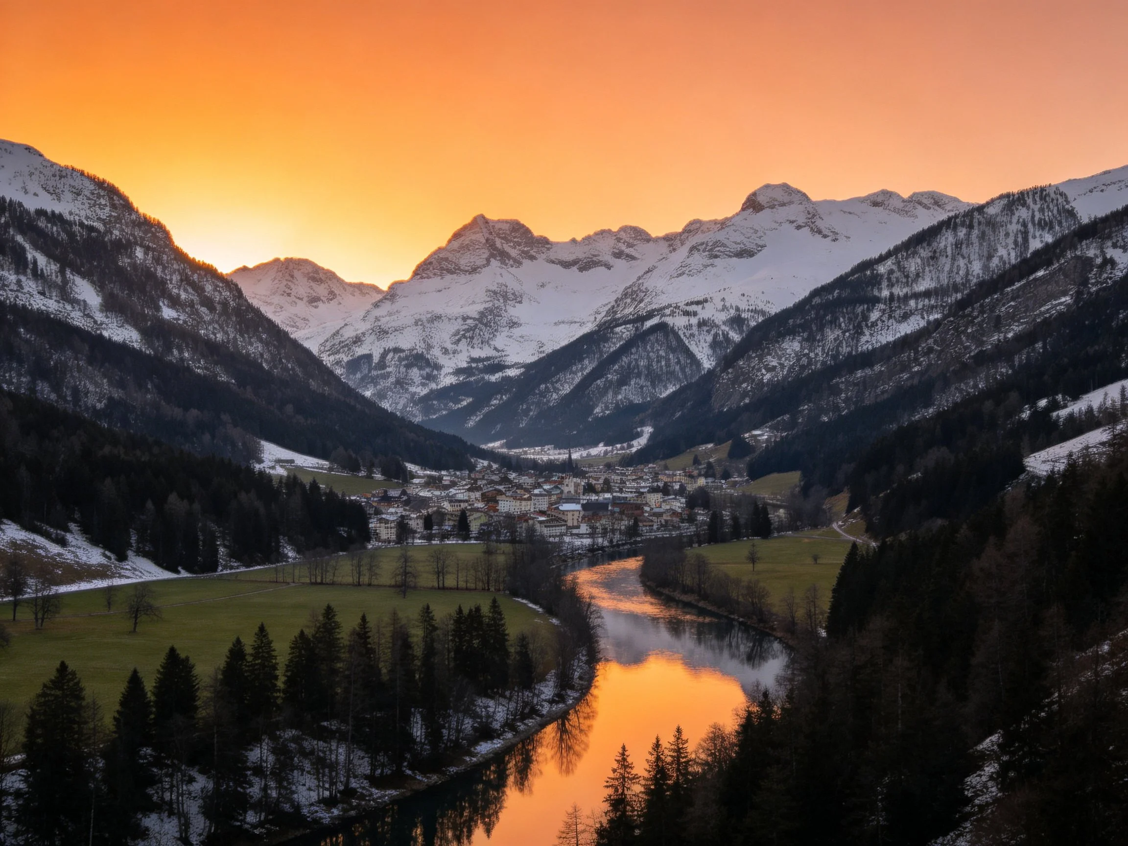 Snow - capped mountain peaks frame a valley with a reflective river at sunset