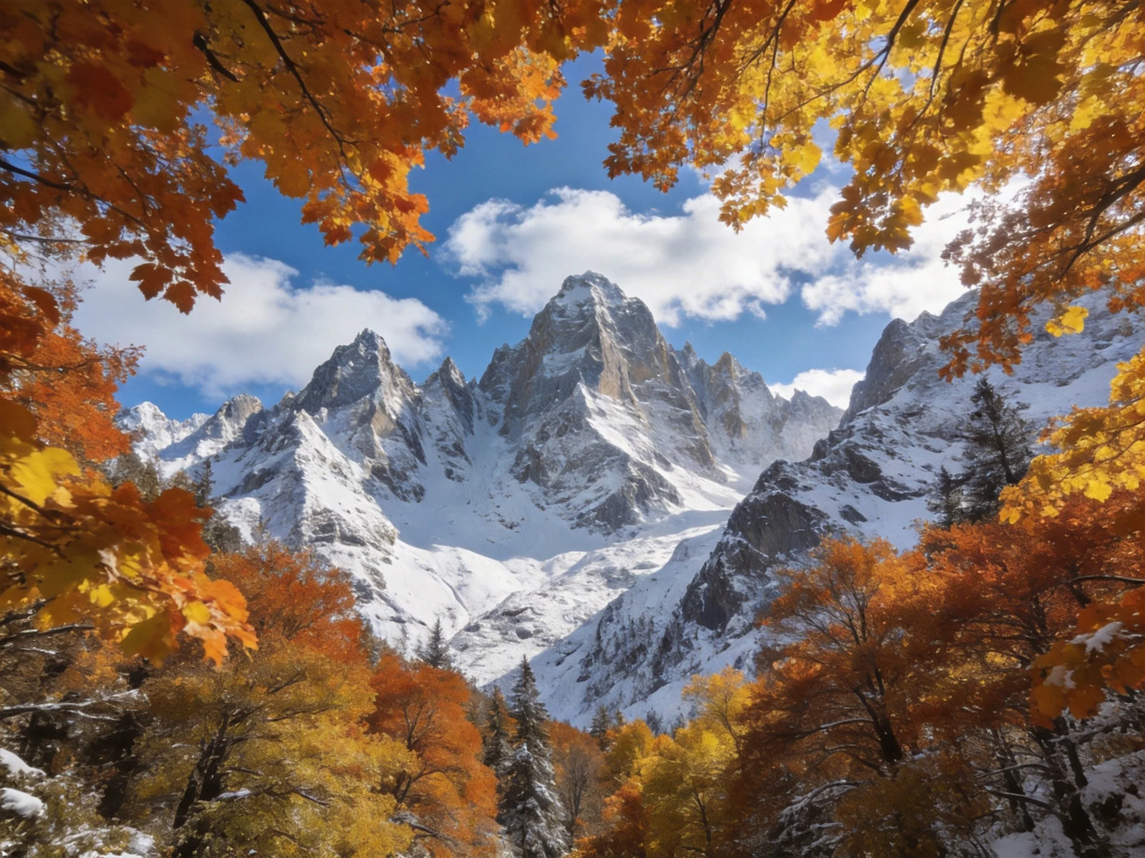 Snow-capped mountain peaks framed by golden autumn trees