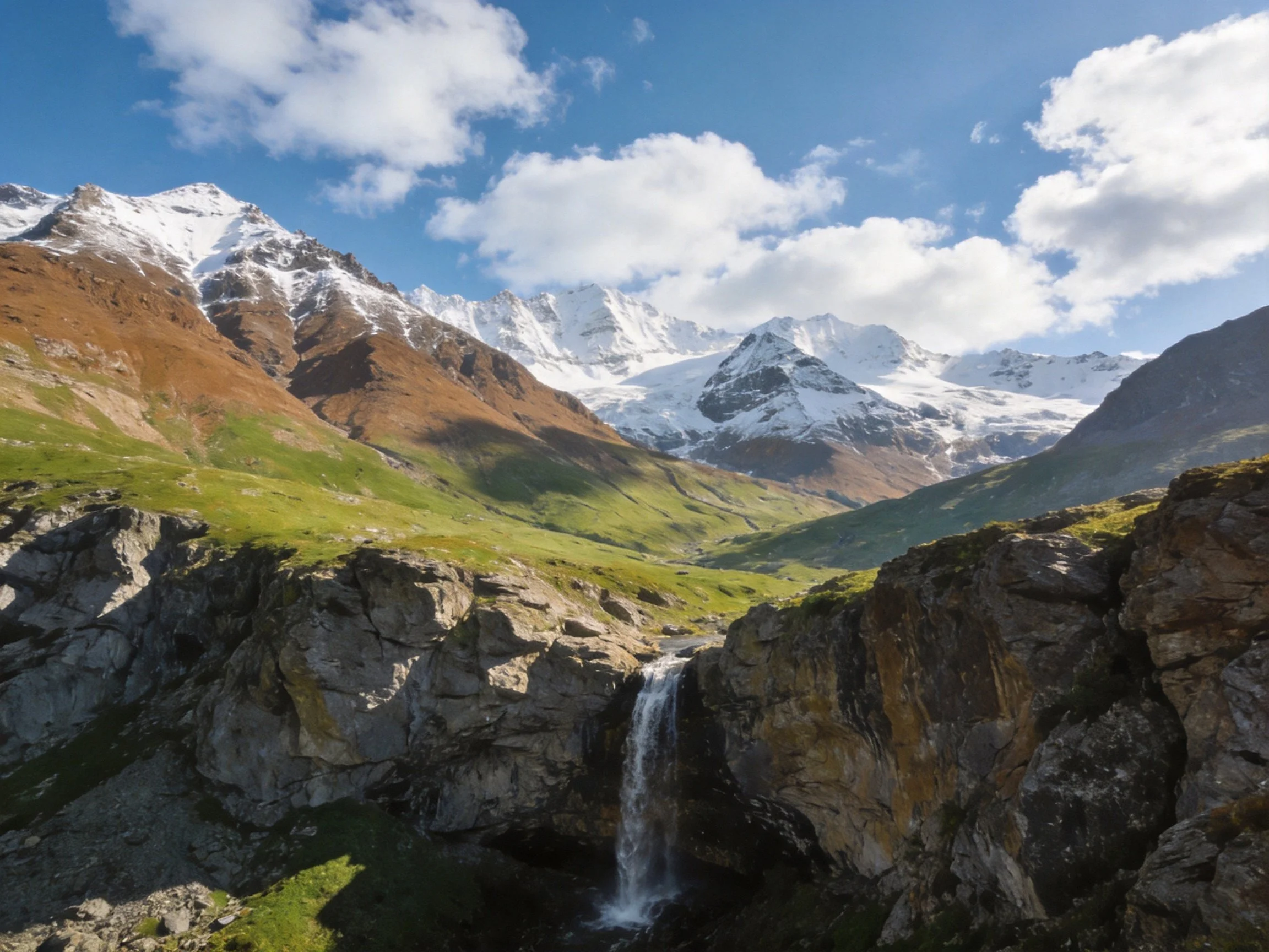 Snow-capped mountain peaks, lush green valleys, and a rocky waterfall