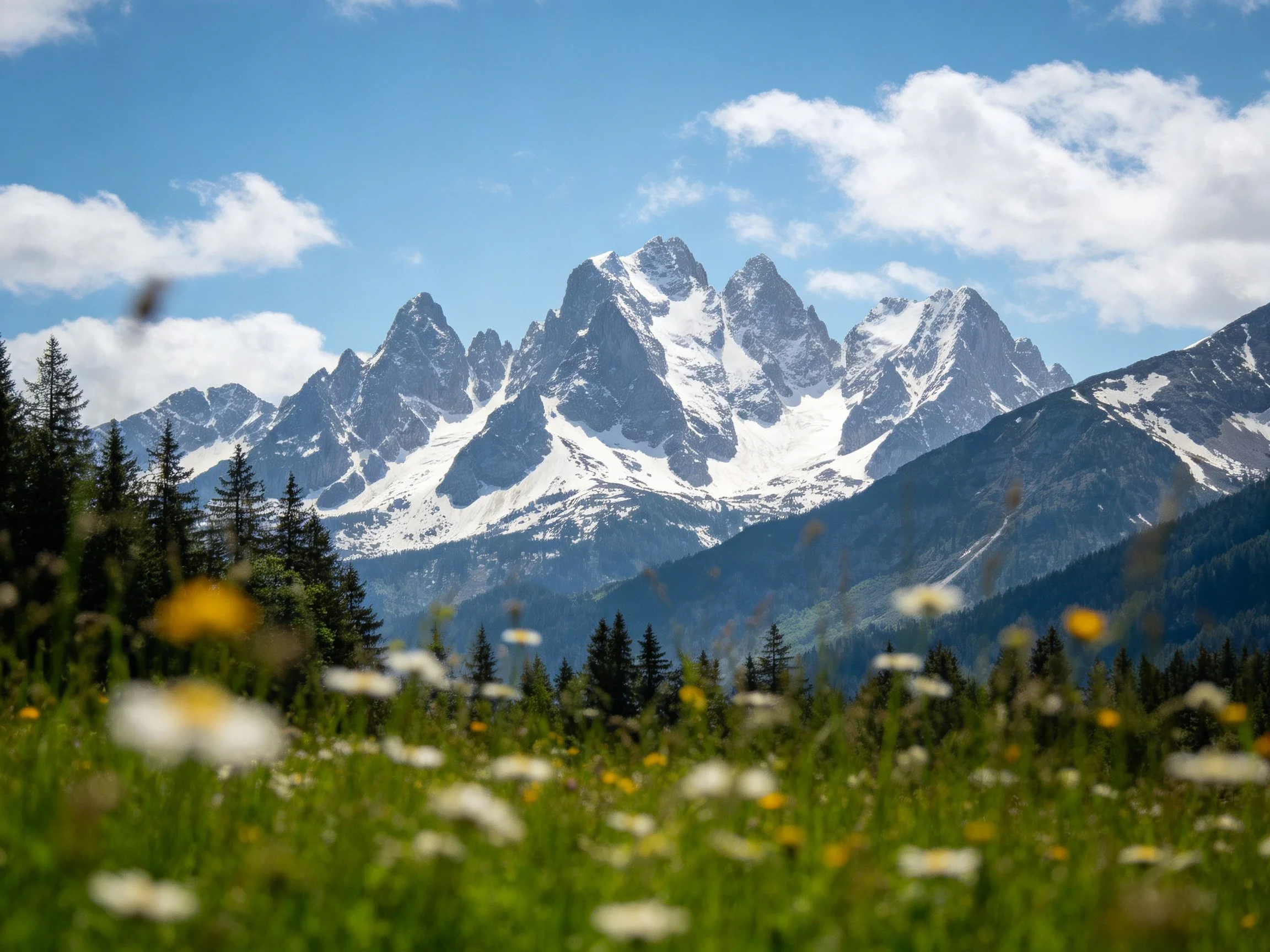 Snow - capped mountain peaks over a vibrant alpine meadow with wildflowers