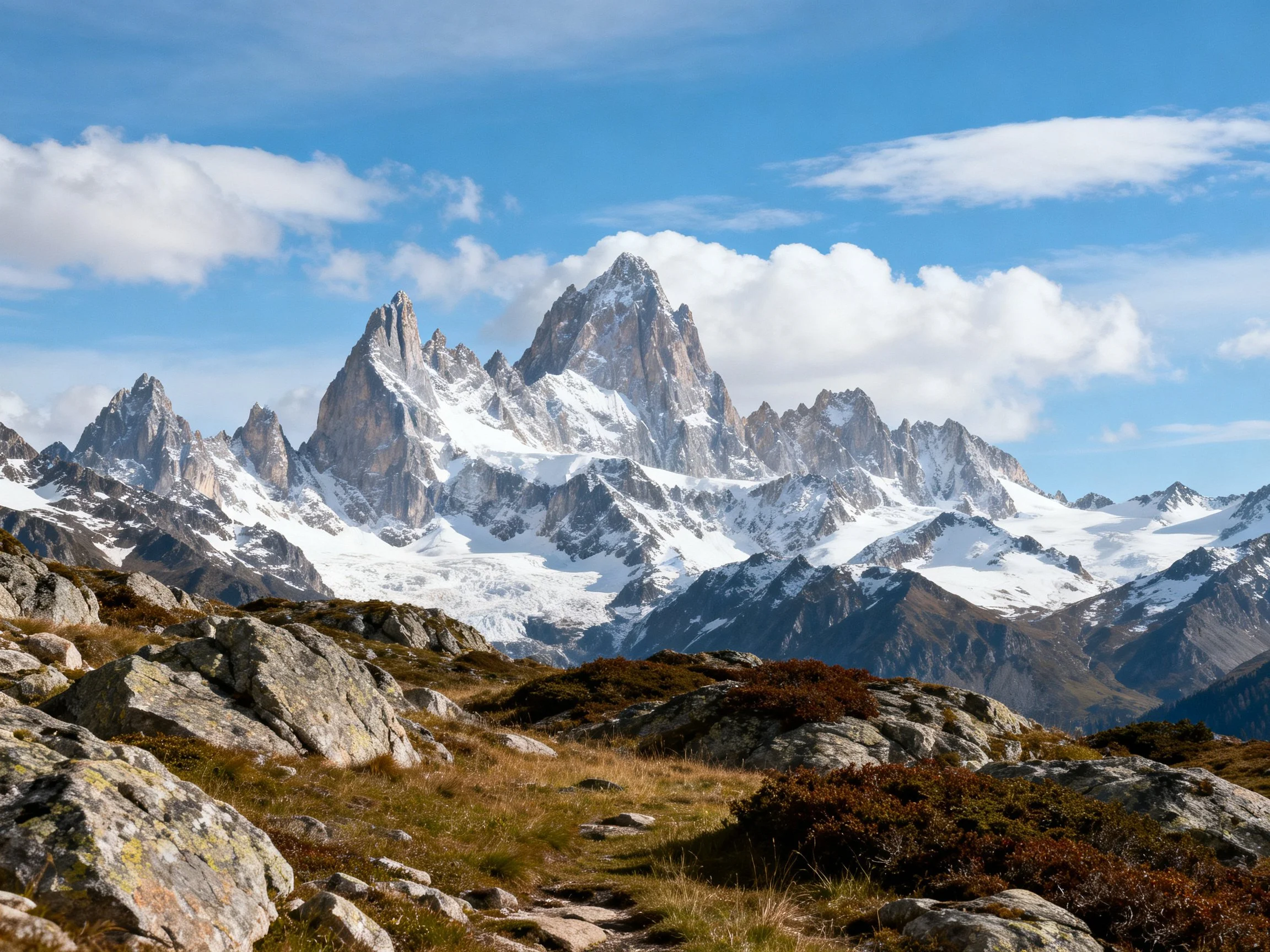 Snow-capped mountain peaks over rocky alpine terrain under bright sky